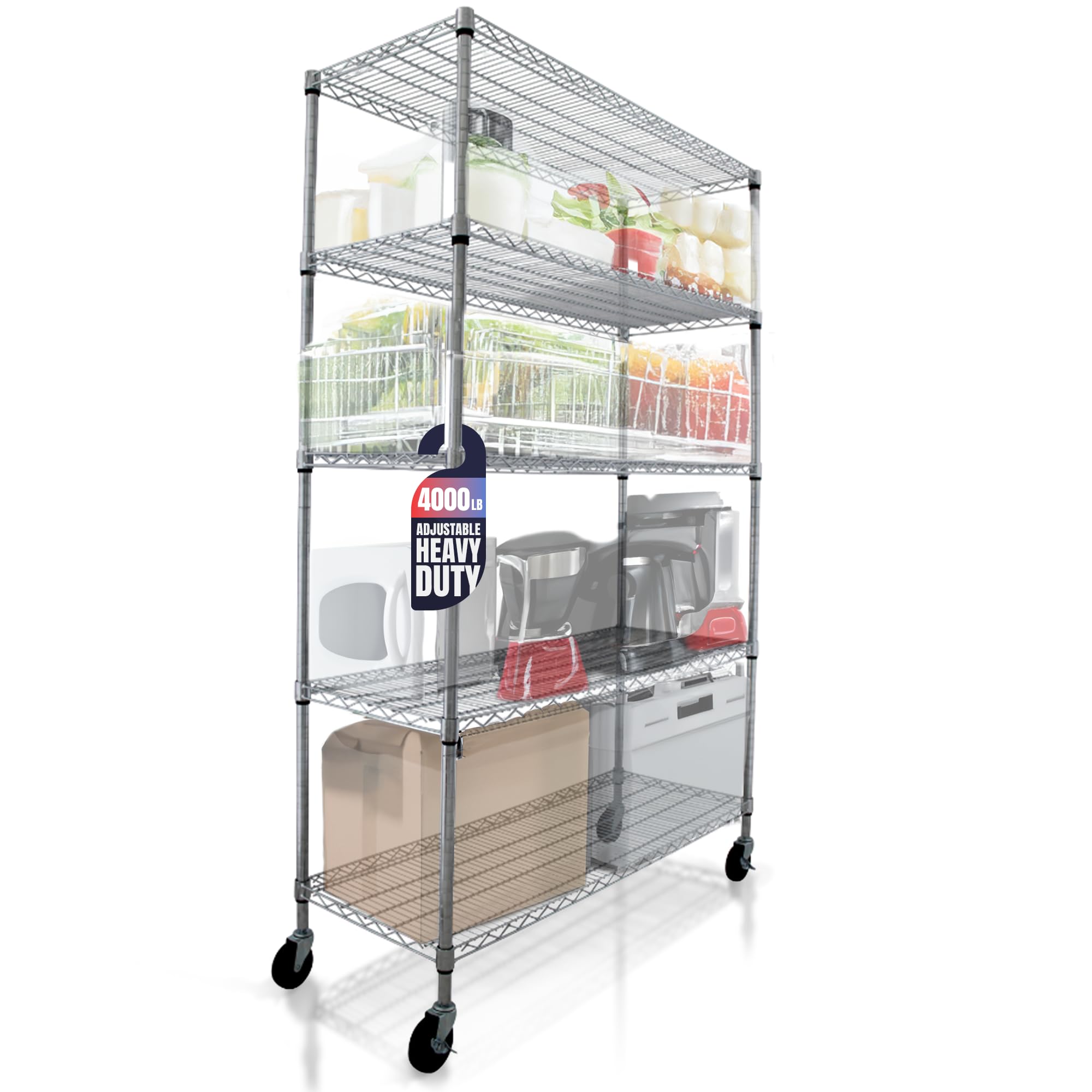 Heavy Duty 5-Tier Metal Shelving Rack with Wheels - 48