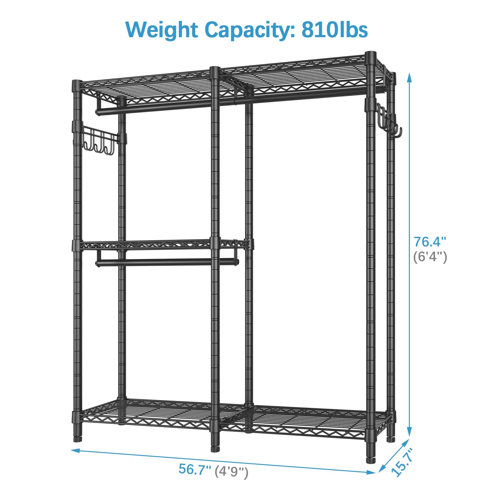 VIPEK V4S Heavy Duty Garment Rack - Adjustable Shelves & 2 Side Hooks, 810lbs Capacity Portable Closet Storage System for Hanging Clothes, Black | Perfect for Home Organization, Laundry Room, Closet Storage & Commercial Use