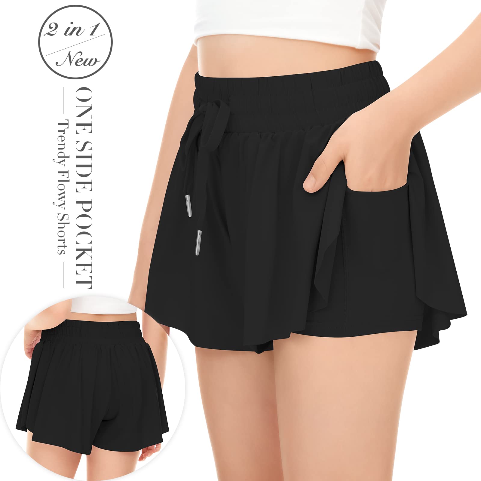 Girls' Athletic Running Shorts with Pockets - 2-in-1 Butterfly Design Spandex Shorts for Teens & Youth | Perfect for Sports, Gym Workouts & Summer Activities
