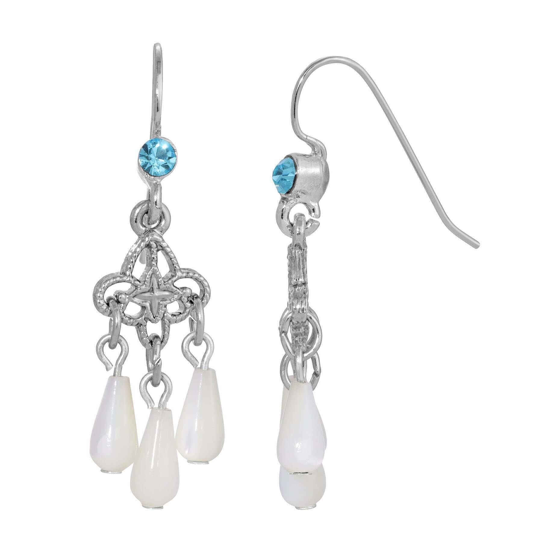 1928 Aquamarine Crystal & Mother of Pearl Chandelier Earrings - Vintage Dangle Drop Earrings for Women, Perfect for Weddings, Parties & Evening Events