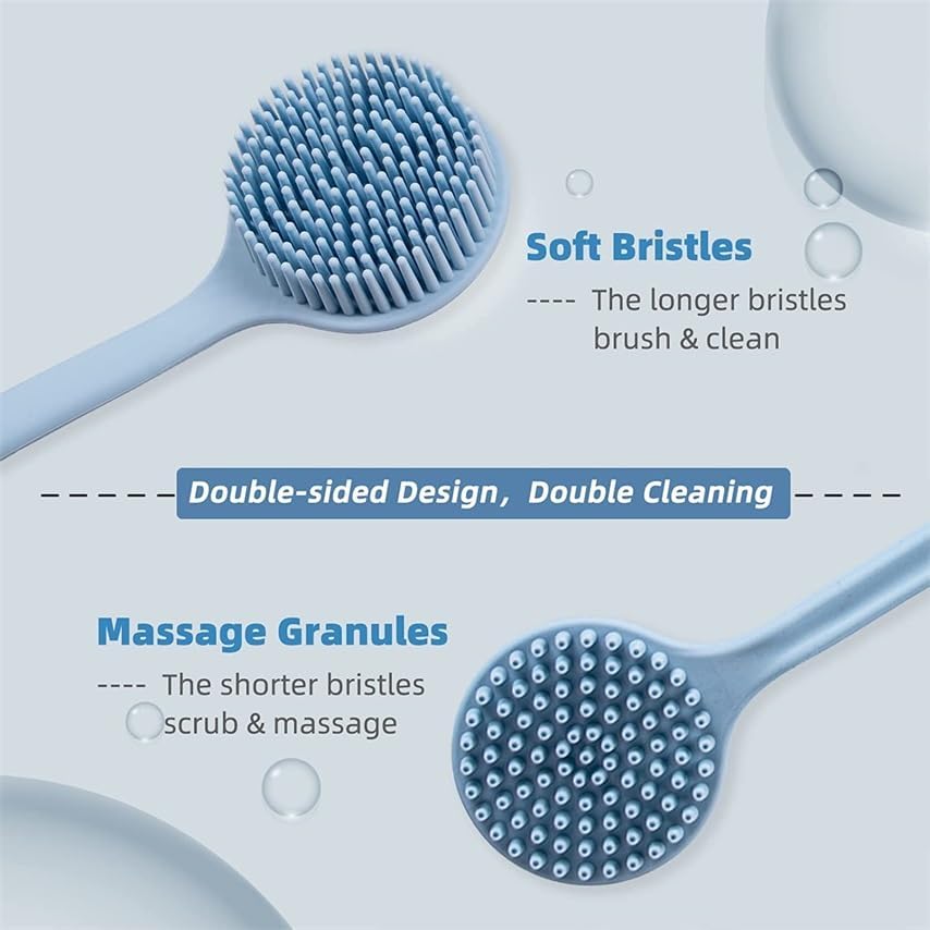 KitchenFest® Double-Sided Silicone Bath Body Brush - Exfoliating Skin Scrubber & Back Cleaning Massager with Long Handle for Shower & Spa (Pink) | Perfect for Exfoliation, Deep Cleansing & Relaxing Massage