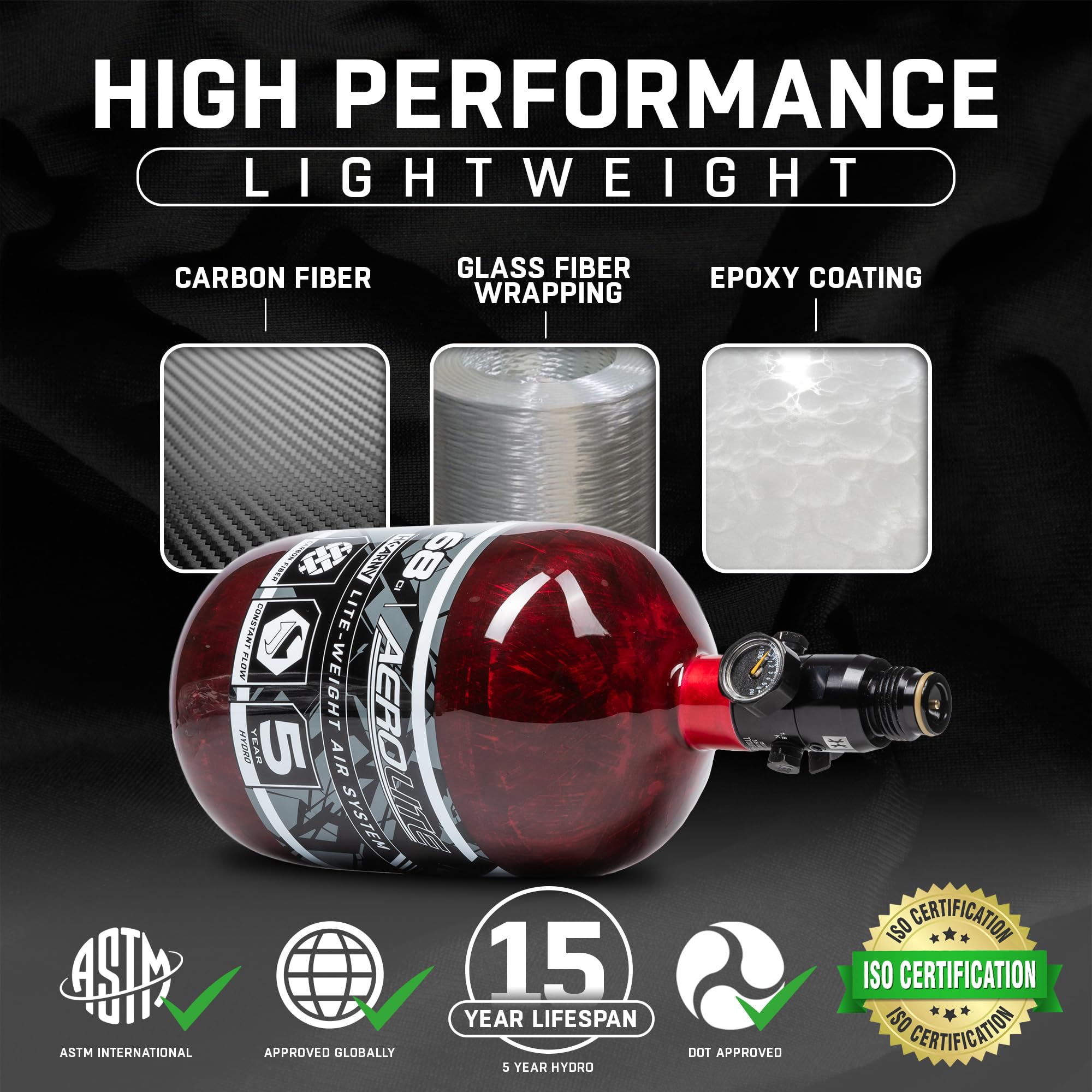 HK Army 68/4500 Aerolite Carbon Fiber HPA Paintball Air Tank System - Lightweight & Durable Compressed Air Tank for Tournament Paintball & Speedball Games