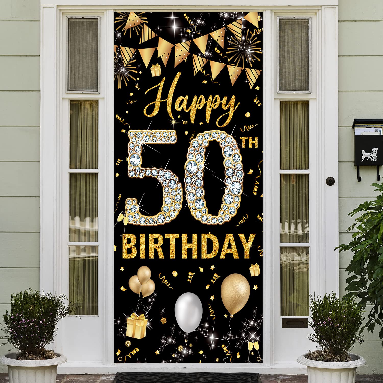 Happy 50th Birthday Banner - Black & Gold Fabric Door Decor (6.1ft x 3ft) for Women & Men | 50th Birthday Party Decorations, Photo Backdrop & Sign | Perfect for Milestone Celebrations, Anniversaries & Surprise Parties