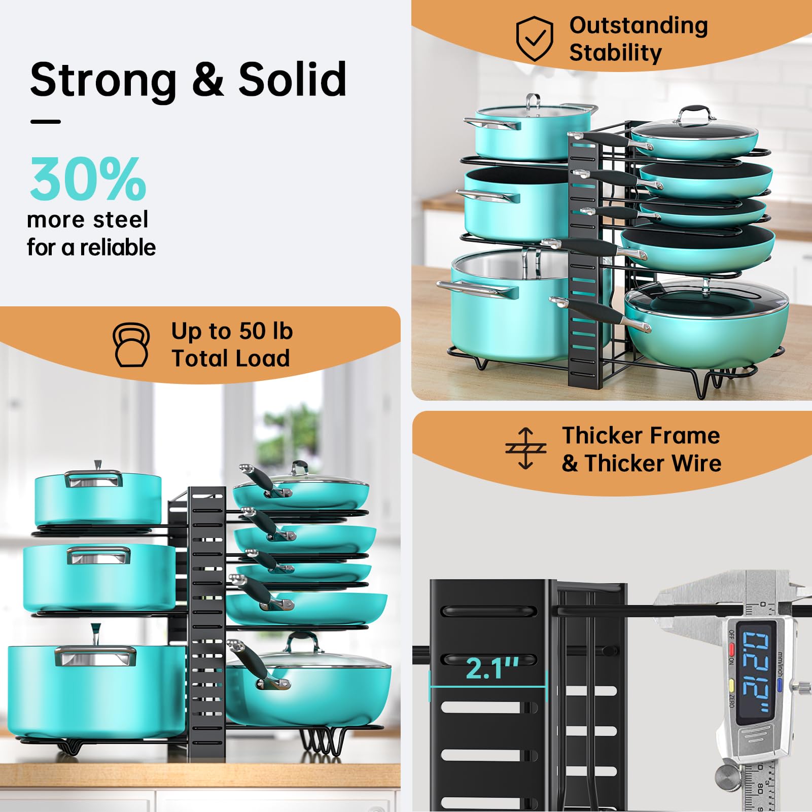 MUDEELA Adjustable 8-Tier Pots and Pans Organizer Rack - Under Cabinet Storage with 3 DIY Installation Methods for Kitchen Cabinet Organization | Perfect for Small Kitchens, RV Cooking & Space-Saving Storage Solutions