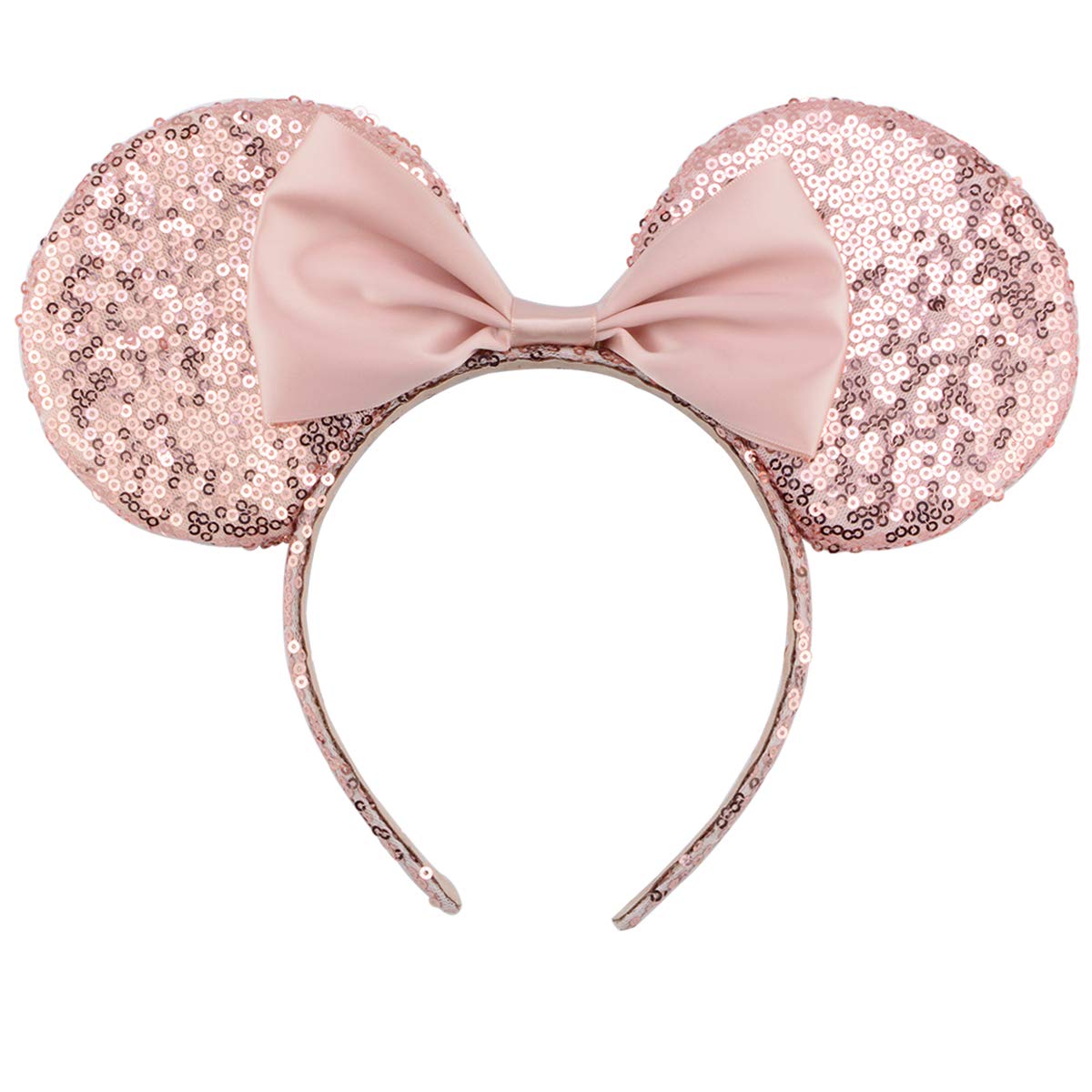 Sparkly Sequin Mouse Ears Bow Headband with Butterfly Design - Glitter Hair Accessories for Women & Girls (Champagne Gold) - Perfect for Disney Trips, Costume Parties & Birthday Celebrations