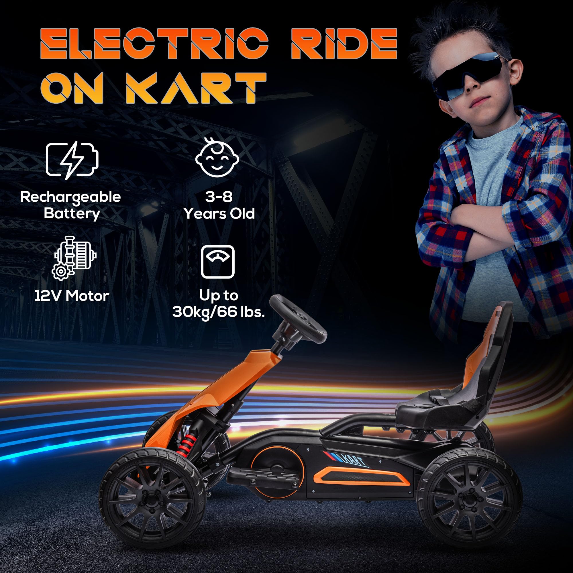 Aosom 12V Electric Go Kart for Kids - Adjustable Speed Ride-On Toy with Forward/Reverse, Outdoor Play Vehicle for Boys & Girls Ages 3-8 (Orange) - Perfect for Backyard Fun, Birthday Gifts & Family Outdoor Activities
