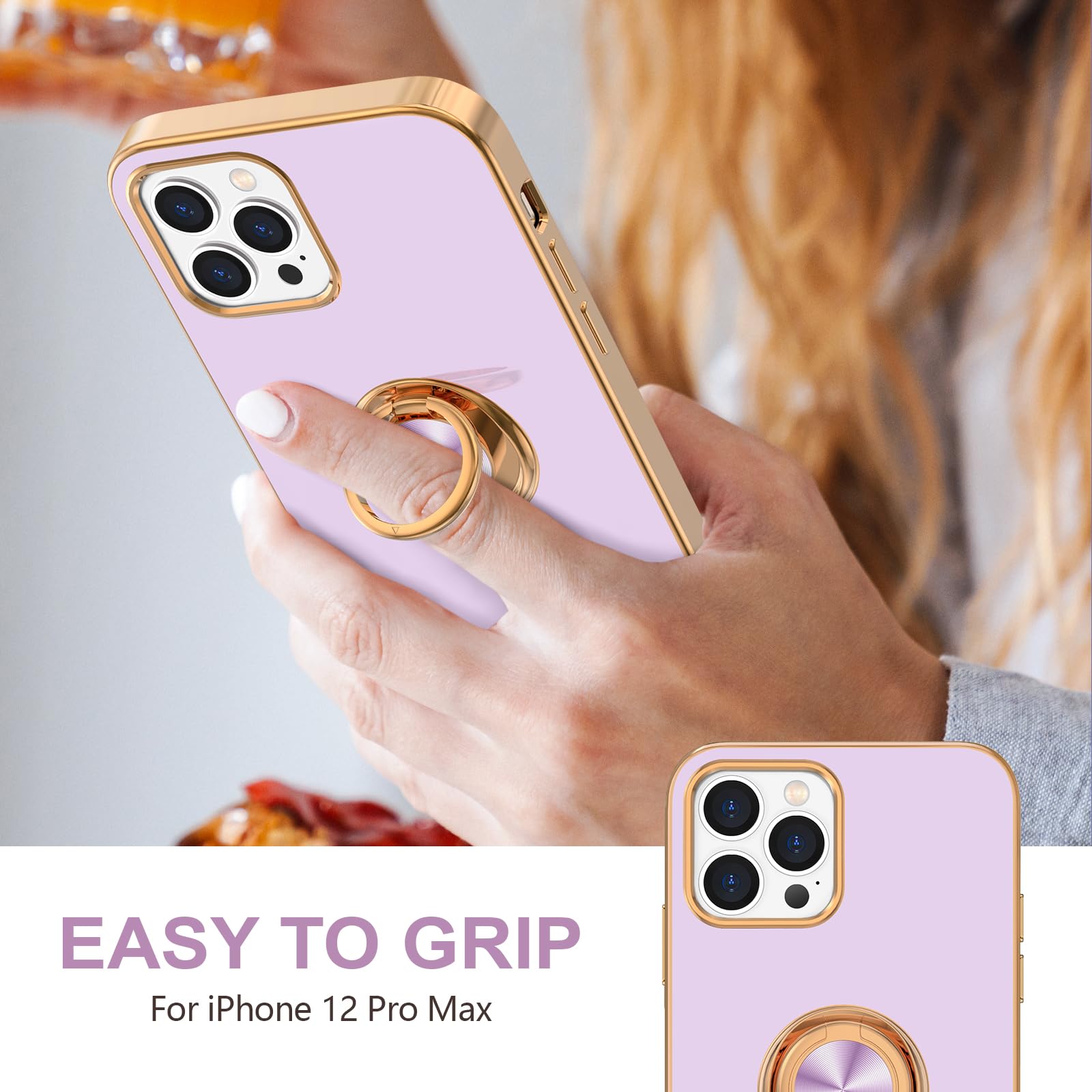Hython iPhone 12 Pro Max Case with Rotatable Ring Stand - Purple Shockproof Cover for Women & Men | Perfect for Work & Travel