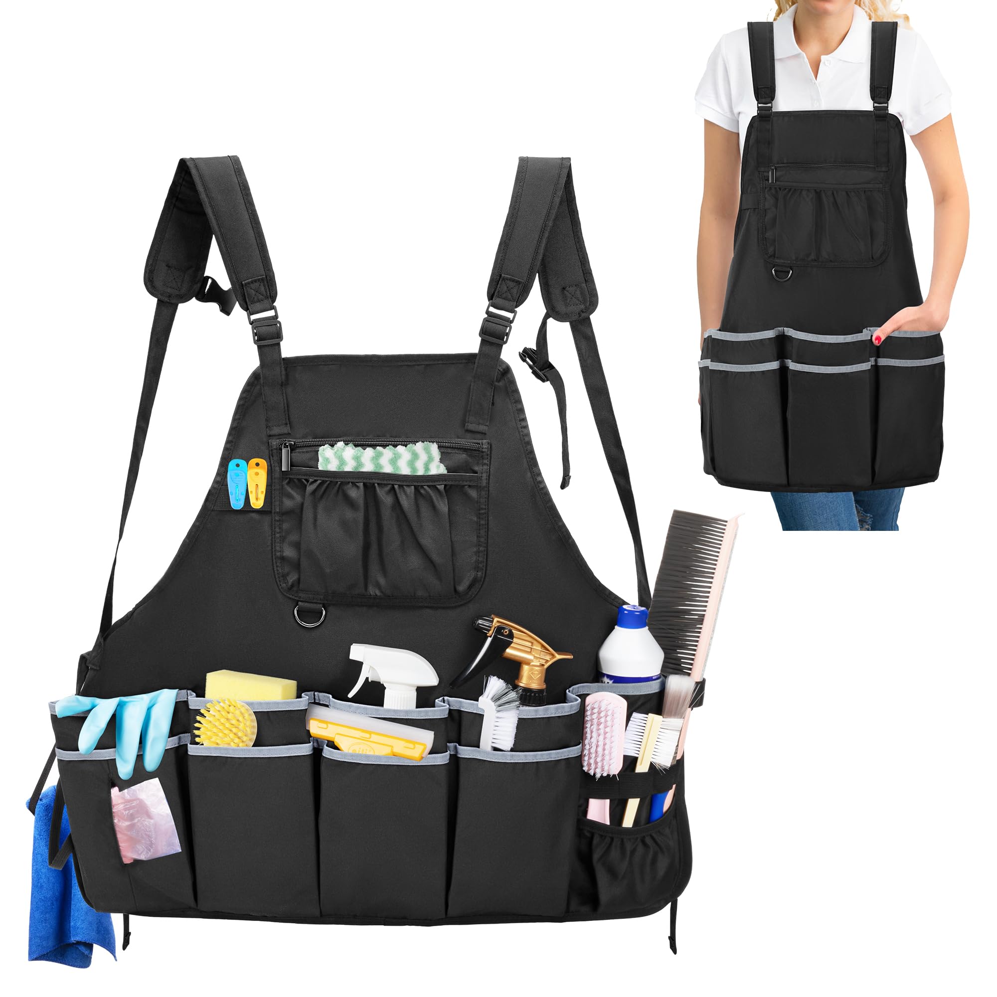 **Large Water-Resistant Cleaning Apron with Dual Shoulder Straps & Multiple Pockets - Housekeeping Work Supplies Organizer for Women & Men (Apron Only) - Ideal for House Cleaning, Janitorial Work & DIY Projects**