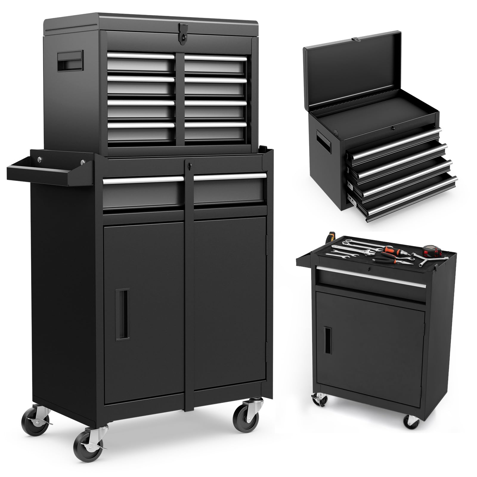 ERGOMASTER Heavy Duty 5-Drawer Rolling Tool Chest with Lockable Cabinet - Black Tool Box for Garage, Workshop & Home DIY Projects | Durable Storage for Mechanics, Carpenters & Handymen