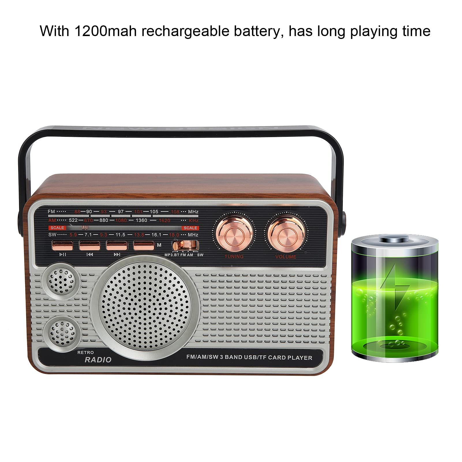 Portable FM/AM/SW Bluetooth Radio Speaker with USB Rechargeable Battery - Retro Style Wireless Radio for Home, Office, Travel | Supports USB/Memory Card Playback & Hands-Free Calling