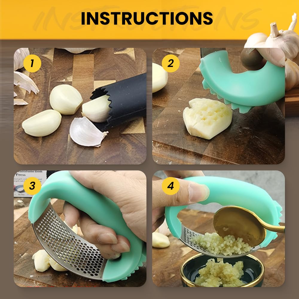 Stainless Steel Garlic Press - 2025 New Garlic Mincer with Peeler & Brush for Kitchen Cooking