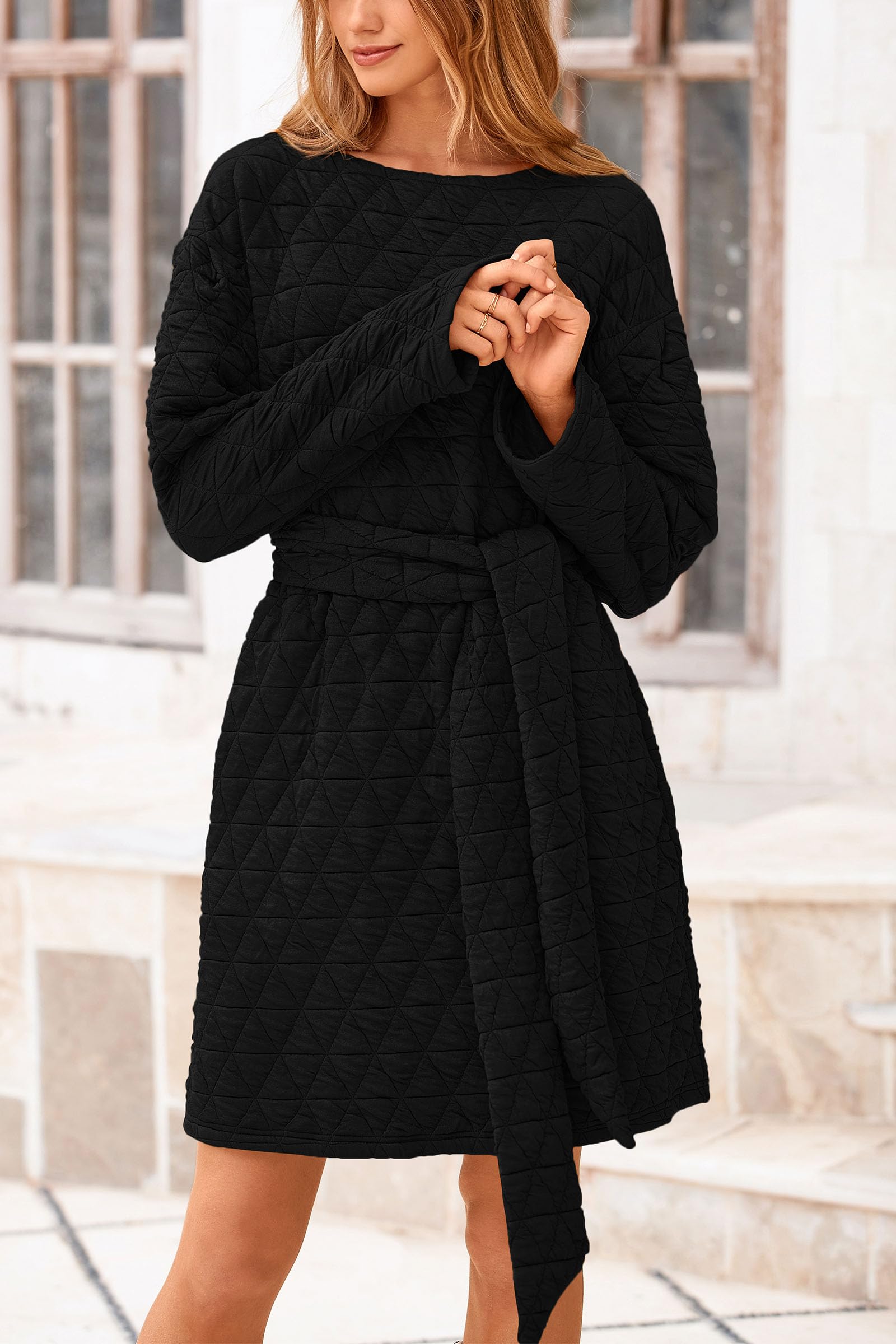 PRETTYGARDEN Women's Long Sleeve Belted Dress with Pockets - Casual Quilted Short Dress for Spring & Fall | Trendy Office Wear & Weekend Outfits