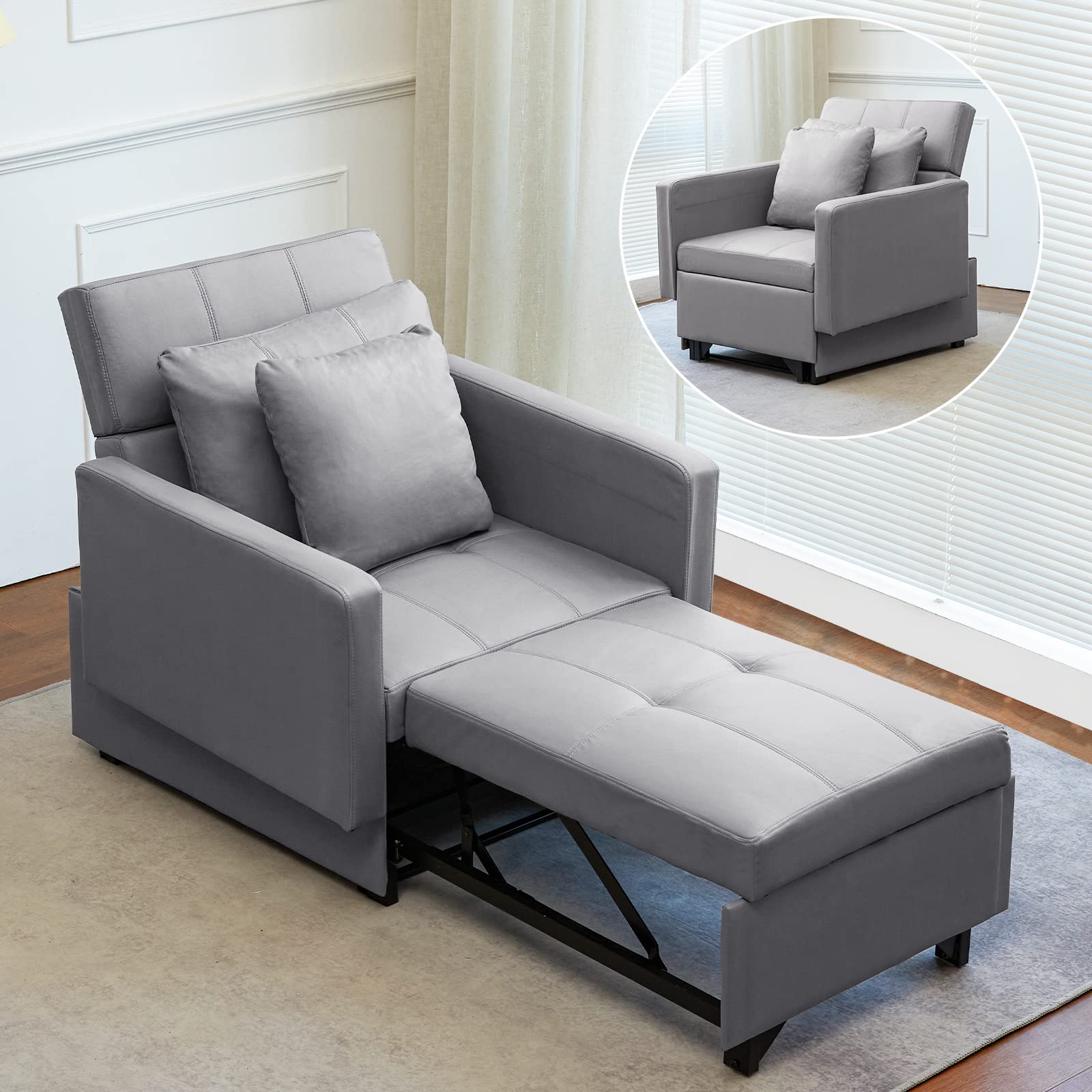 ELUCHANG 3-in-1 Convertible Sleeper Chair Bed - Multi-Functional Adjustable Backrest Sofa Bed & Lounger Chair for Small Spaces - Modern Grey Armchair for Apartments, Dorms, Guest Rooms & Office Naps