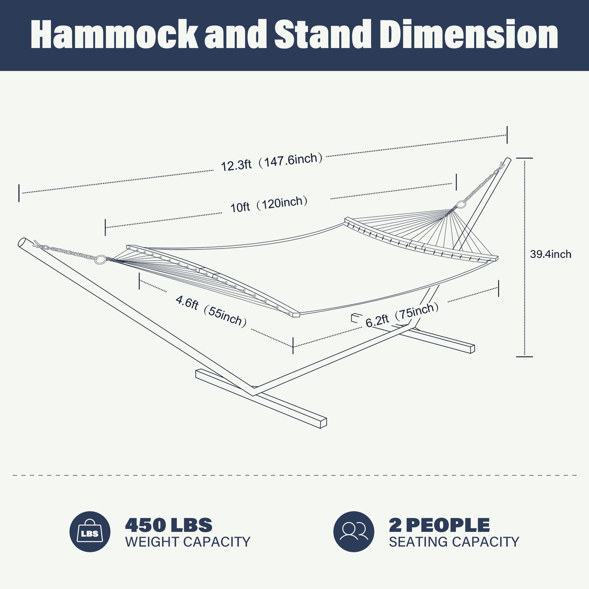 12 FT Quick-Dry Double Hammock with Curved Bamboo Spreader Bar & Steel Stand - 450 lbs Capacity Blue/White for Backyard, Patio & Camping - Perfect for Relaxation, Lounging & Outdoor Adventures