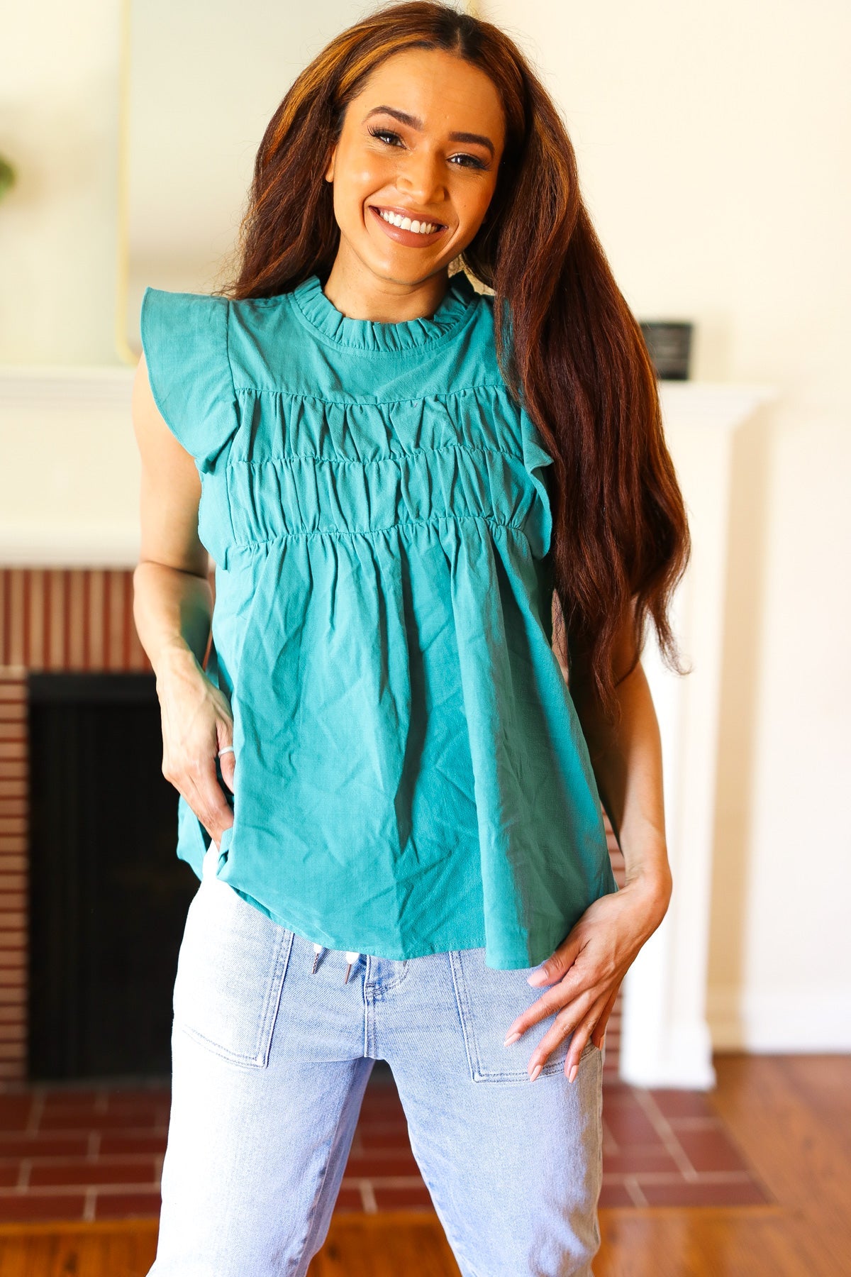 Stylish Turquoise Cotton Mock Neck Flutter Sleeve Blouse with Frill Details - Perfect for Date Nights, Office Wear & Summer Outfits