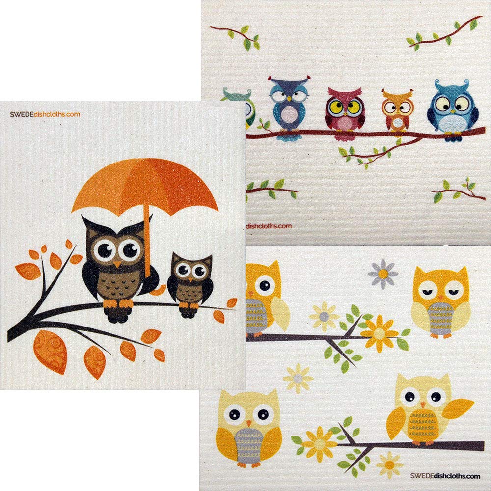 Eco-Friendly Cellulose Sponge Dish Towels - Set of 3 Reusable Swedish Dishcloths with Cute Owl Design | Perfect for Kitchen Cleaning, Wiping Counters & Dish Drying
