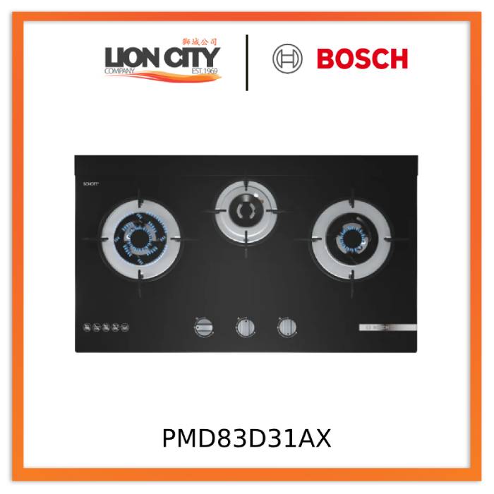 Bosch PMD83D31AX 78cm 3 Burner Tempered Glass Gas Hob Series 4 (Black) - Premium Stainless Steel Gas Cooktop for Modern Kitchens, Perfect for Home Cooking & Entertaining