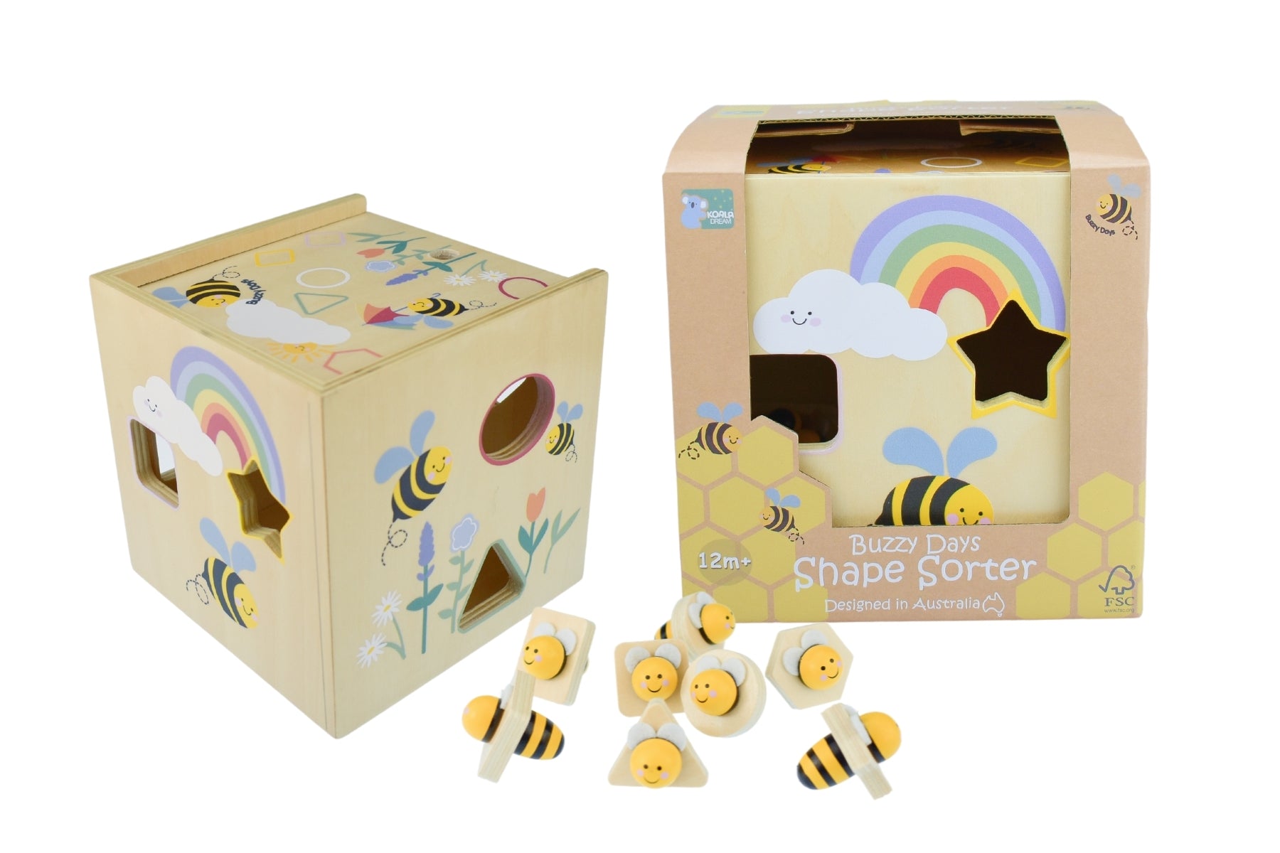 Buzzy Days Wooden Bee Shape Sorter Toy - Educational Montessori Learning Game for Toddlers 1-3 Years - Perfect for Color Recognition & Fine Motor Skills Development - Great Gift for Birthday & Preschool Activities