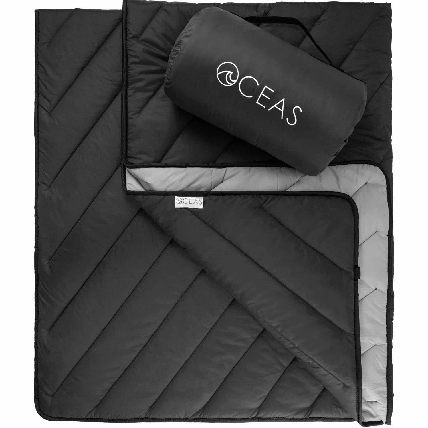Oceas Outdoor Waterproof Stadium Blanket - Thick Weatherproof & Windproof Camping Blanket for Sporting Events, Picnics, Beach, Tailgating & Car Use - 100% Waterproof Insulated Throw (Puffy, Black) - Perfect for Football Games, Concerts, Hiking and Emergency Car Kit