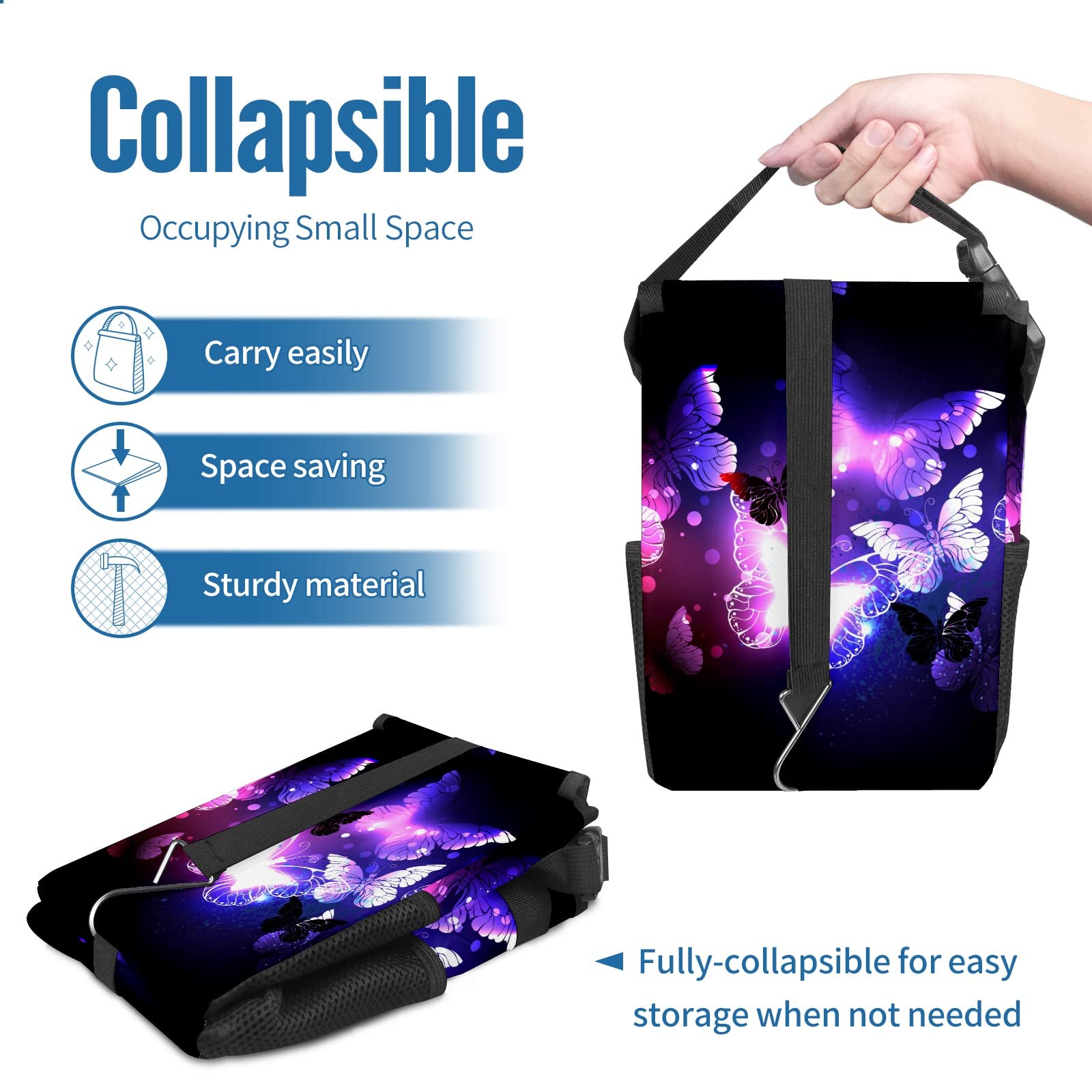 Purple Butterfly Car Trash Can with Lid - Collapsible Reusable Waterproof Auto Garbage Bin for Car, Truck & SUV | Car Accessories & Interior Organizer | Perfect for Road Trips, Commuting & Keeping Vehicle Clean