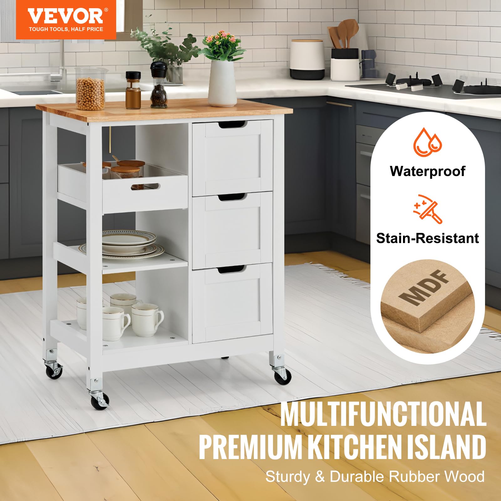 VEVOR White 26-inch Rolling Kitchen Island Cart with 3 Drawers & Shelves, Wood Top Mobile Breakfast Bar - Perfect for Dining, Kitchen, Living Room & Farmhouse Style Homes | Space-Saving Storage Solution for Small Kitchens & Entertaining Guests