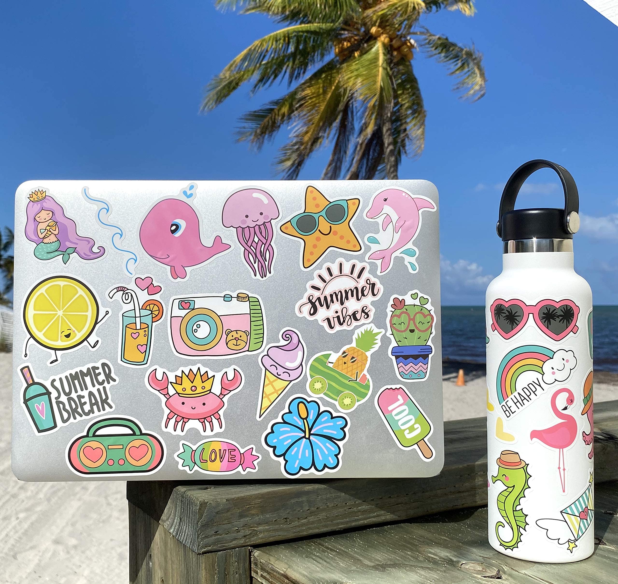 100 Pack Waterproof Vinyl Stickers for Kids - Cute Aesthetic VSCO Stickers for Water Bottles, Laptops, Journals | Beach Theme Decals for School Supplies, DIY Crafts & Room Decor