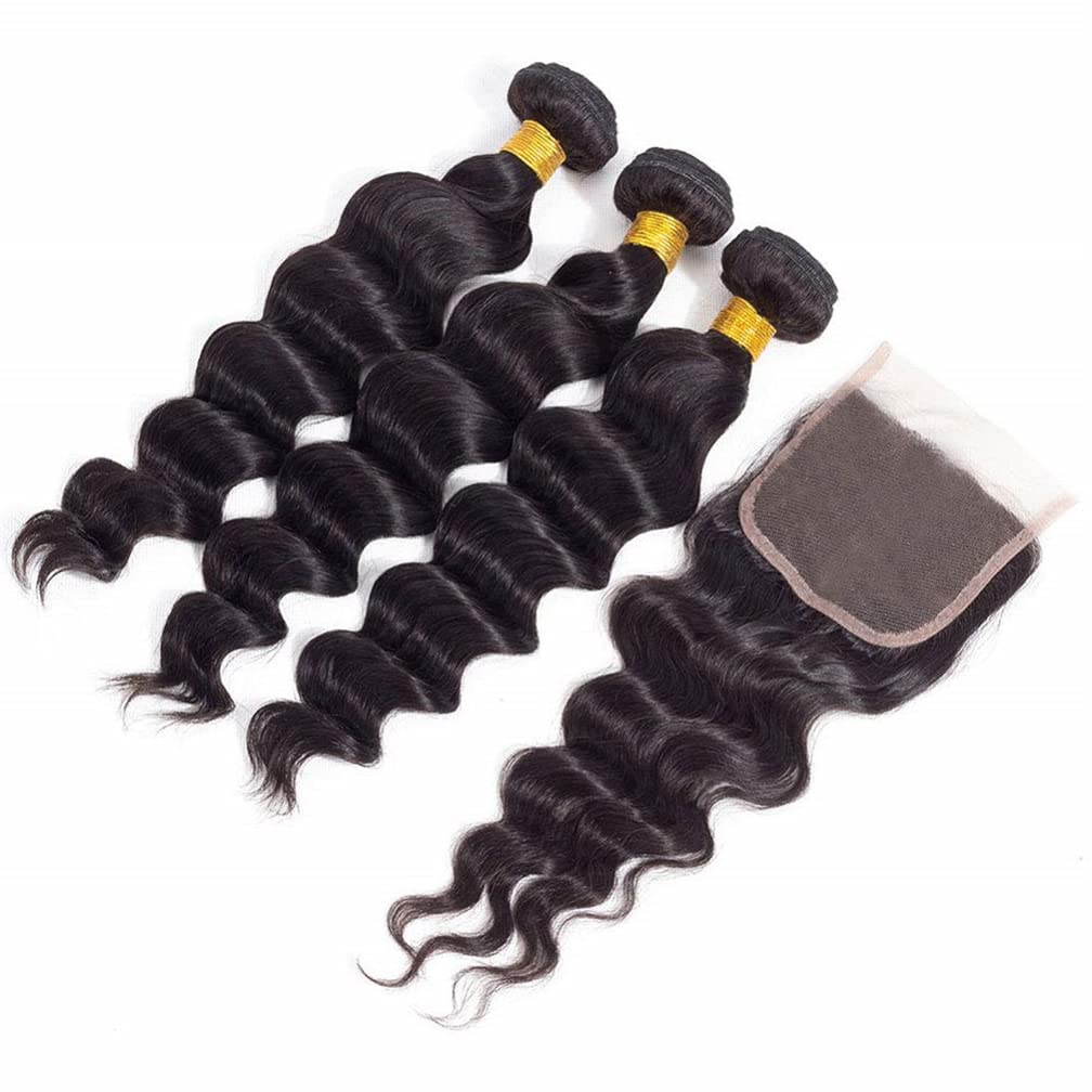 Brazilian Deep Wave Human Hair Bundles with 4x4 Lace Closure | 16 18 20 +14 Inch | Unprocessed Wet & Wavy Hair Extensions | Natural Black | Free Part | Perfect for Protective Styles, Weaves & Everyday Glam