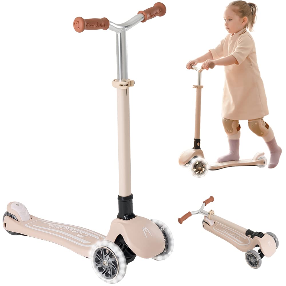 Foldable 3-Wheel Scooter for Kids with LED Light-Up Wheels & Adjustable Handlebar - Pink/Beige/White - Safe & Fun Ride for Boys & Girls - Perfect for Outdoor Play, Park Adventures & Neighborhood Cruising