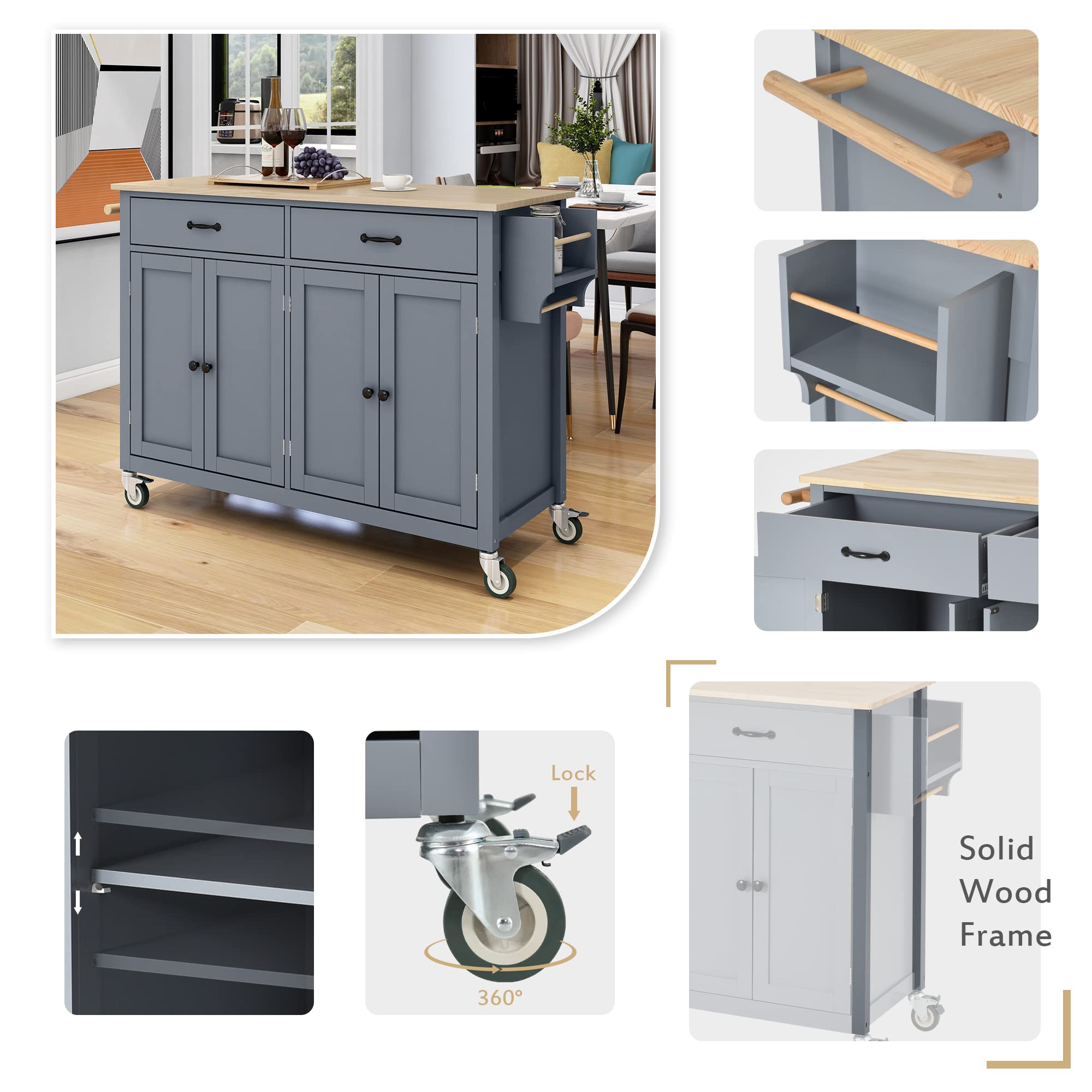 Goujxcy Kitchen Island Cart on Wheels - Rolling Mobile Kitchen Trolley with Storage Cabinet, Drawers & Towel Rack | Solid Wood Countertop, Lockable Casters & Adjustable Shelves | Perfect for Small Kitchens, Dining Rooms & Food Prep Areas