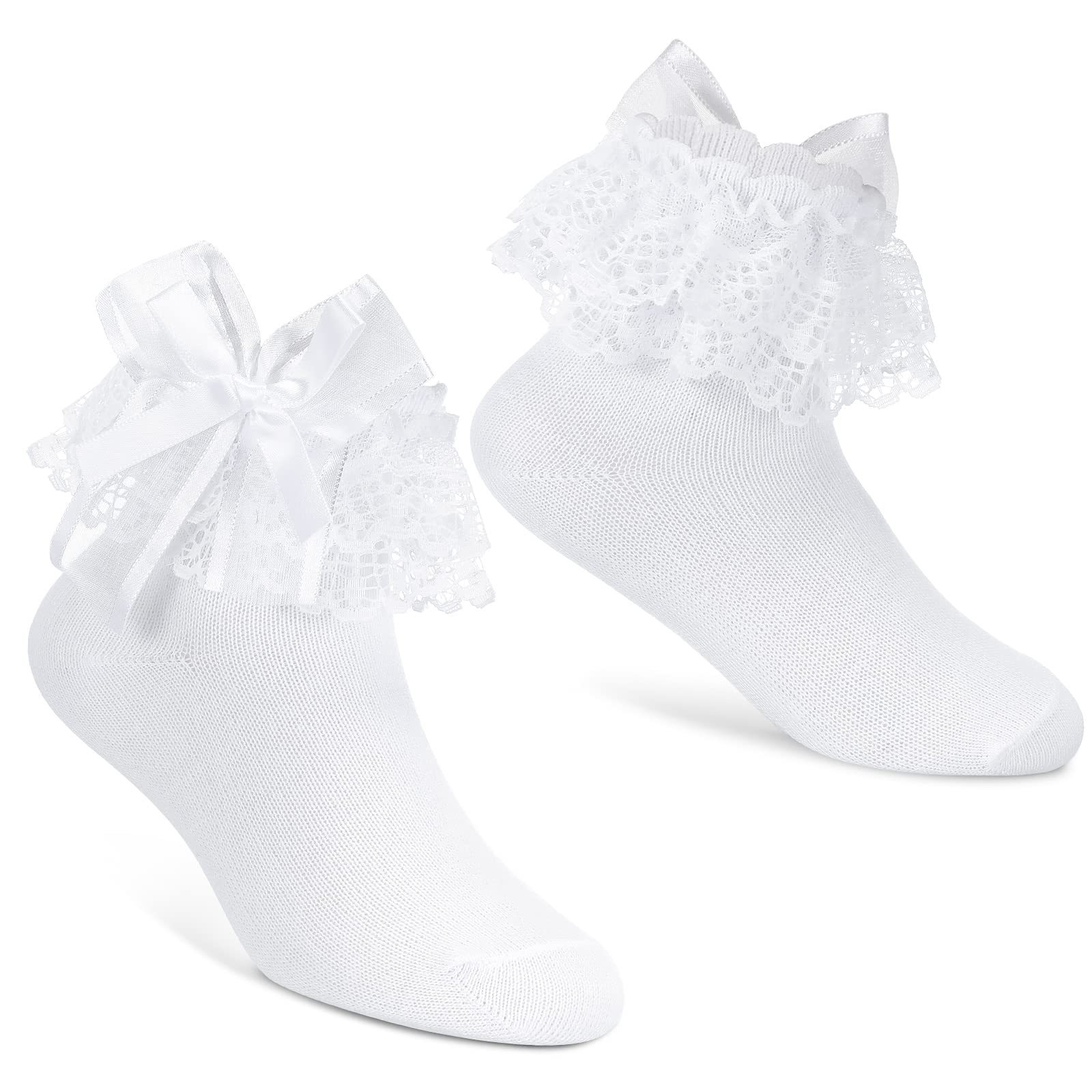 Girls White Lace Frilly Socks - Cute Vintage Communion & Christening Ankle Socks with Bows (Age 4-6) | Perfect for Special Occasions, Church Events & Photoshoots