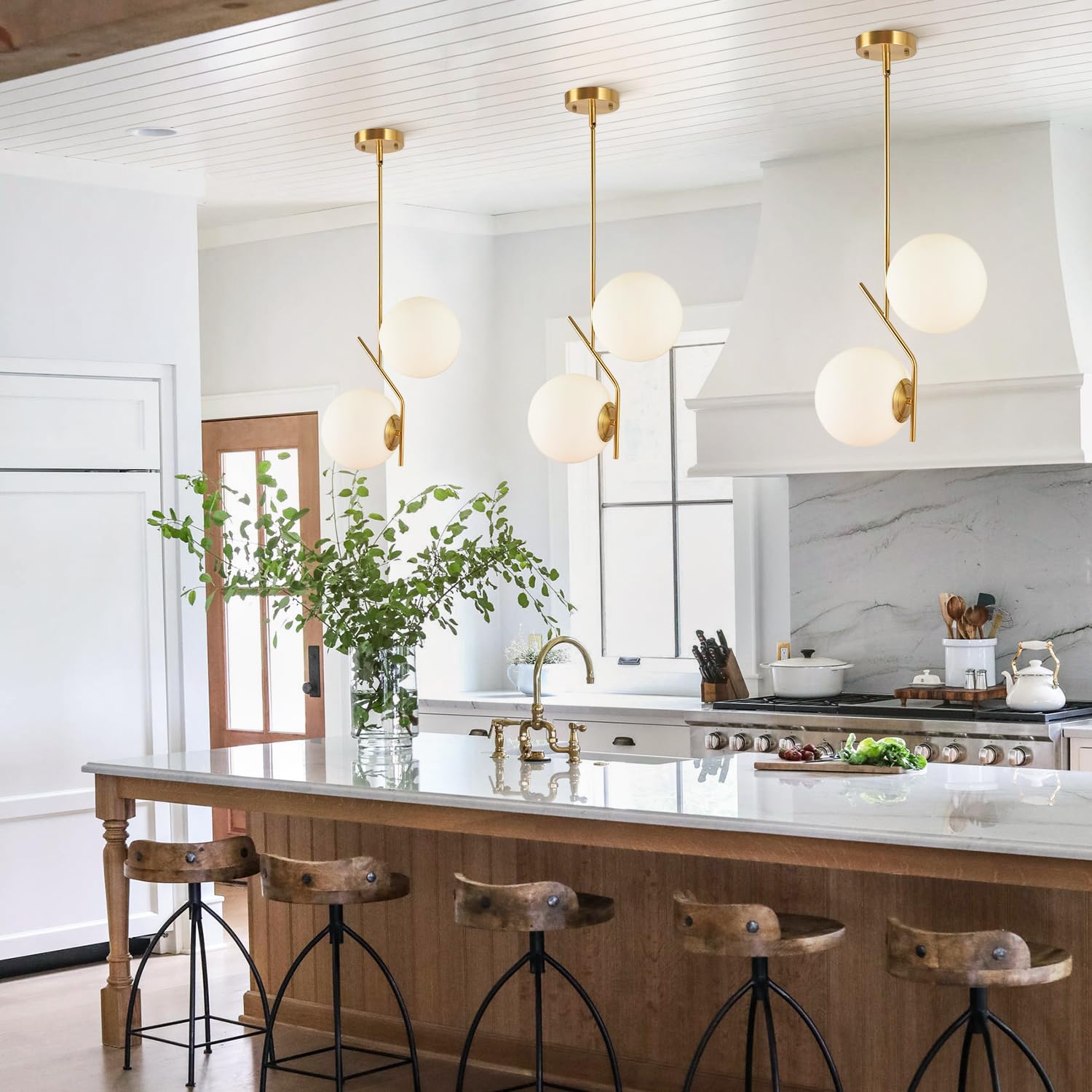 Mid Century Modern 2-Light Globe Pendant Light - Brushed Gold Minimalist Hanging Lamp with White Glass Shade for Kitchen Island, Dining Room & Living Room Ceiling Lighting (Small Size)