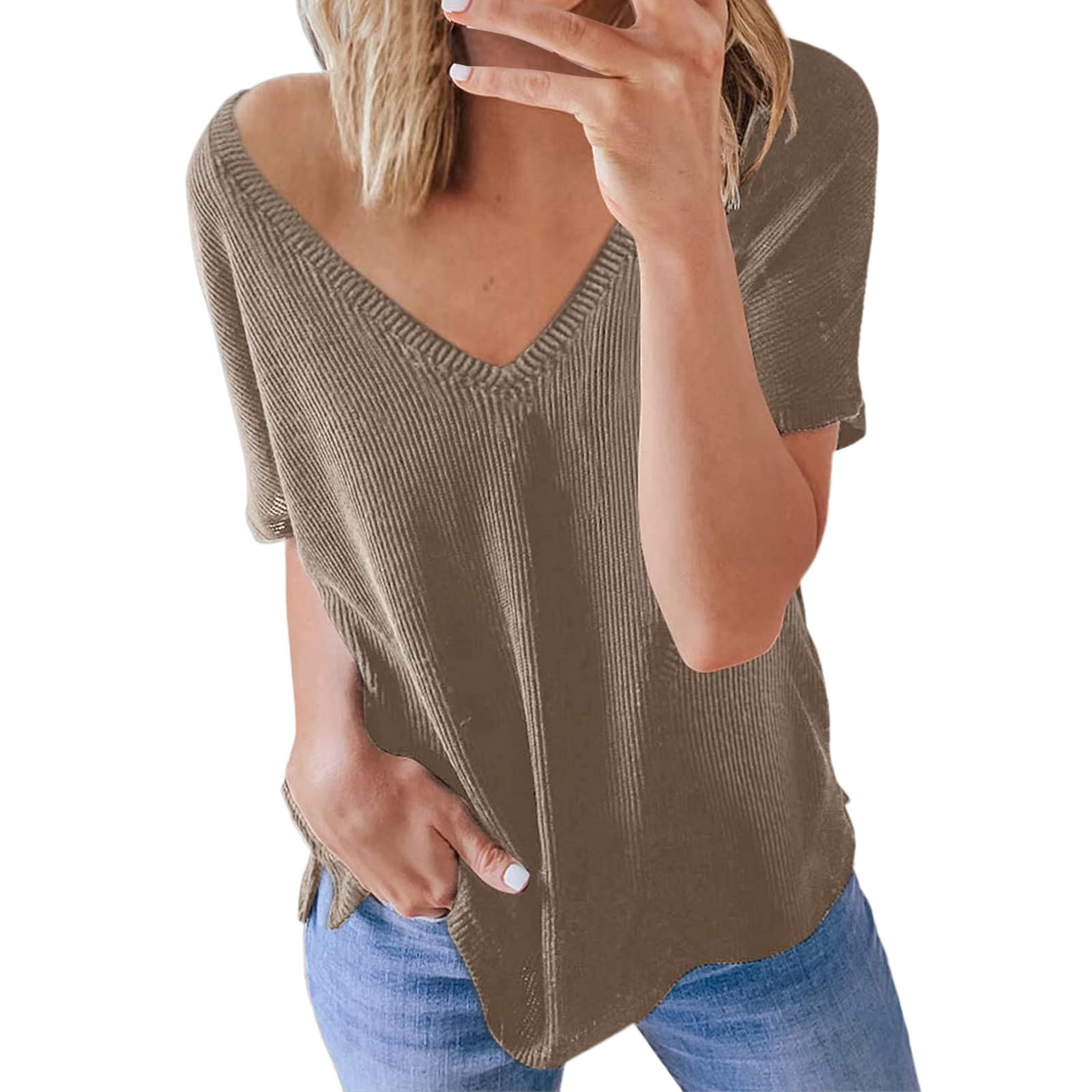 Sexy V-Neck T-Shirts for Women - Short Sleeve Casual Loose Fit Pullover Top - Solid Color Summer Blouse - Perfect for Daily Wear, Dating & Office Outfits
