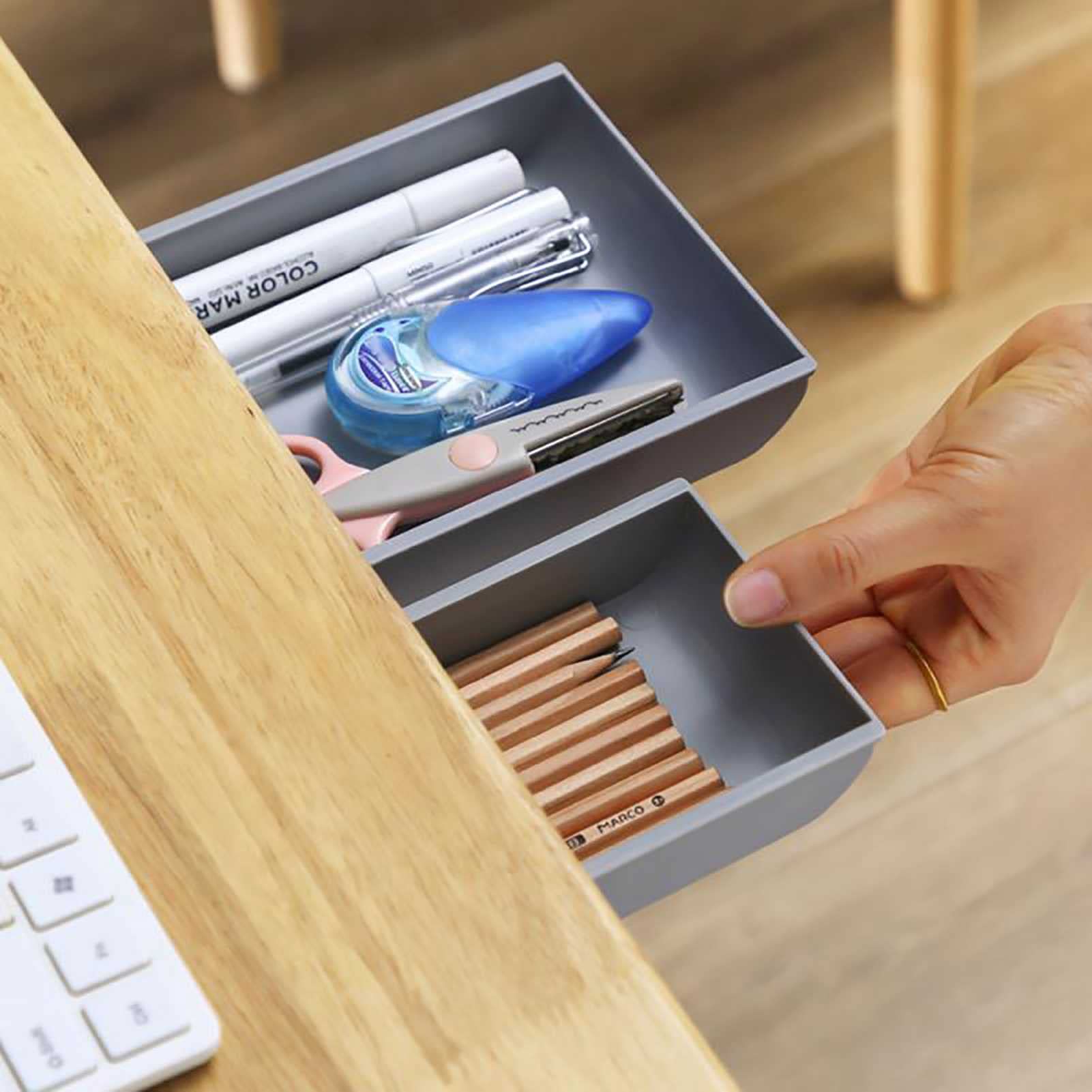 2-Pack Self-Adhesive Under Desk Pencil Trays - No-Slip Desk Organizer Drawers for Office Supplies, Stationery & Small Items - Perfect for Home Office, School Desk & Workspace Organization