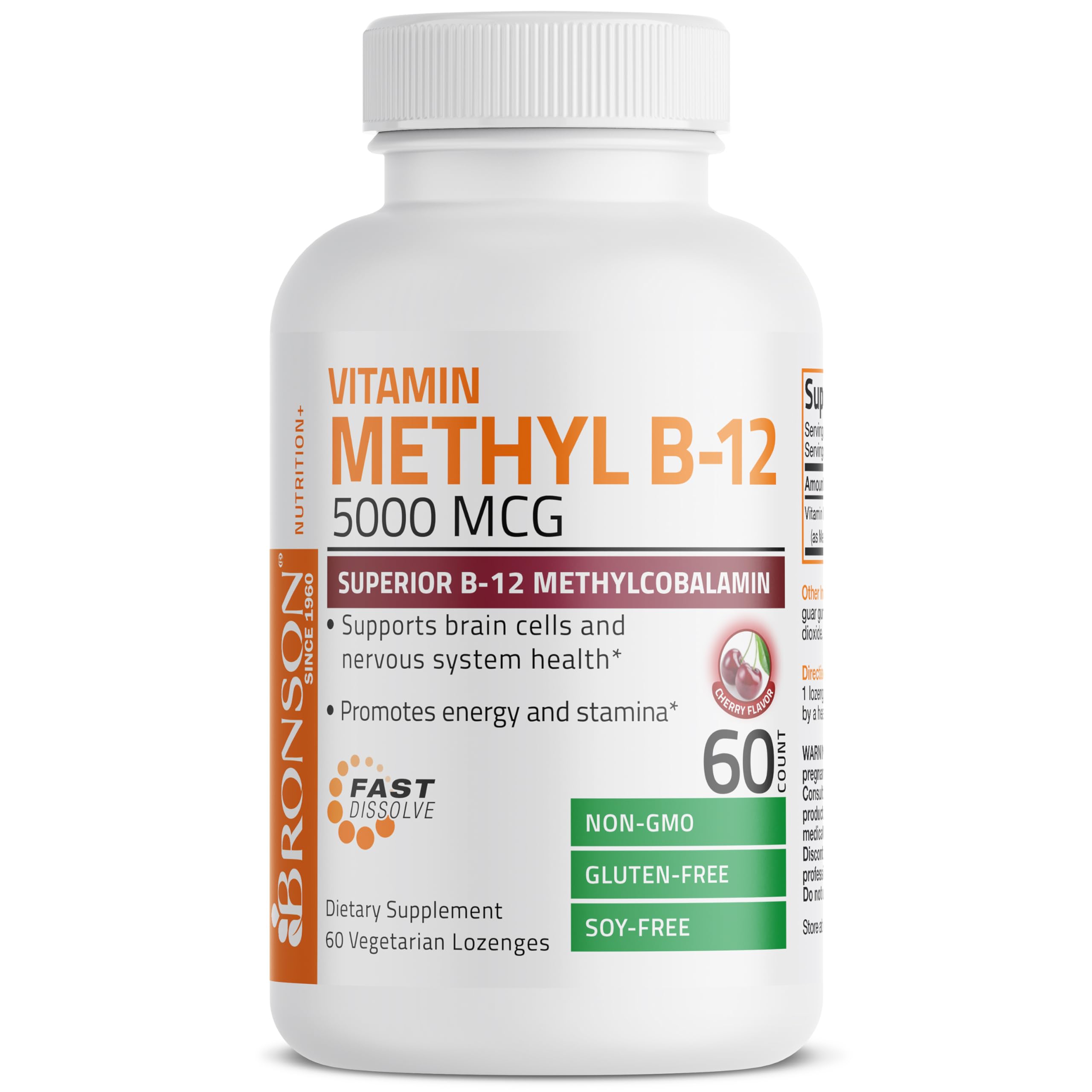 Bronson Methyl B12 5000 mcg - High Potency Vitamin B12 Methylcobalamin Supplement for Energy, Brain Function & Nervous System Support - 60 Cherry Flavored Lozenges - Boost Focus & Metabolism for Busy Professionals & Students
