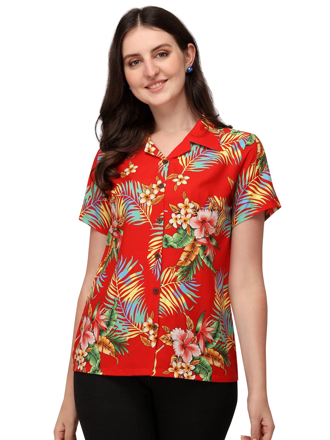 Women's Short Sleeve Casual Aloha Button Down Hawaiian Shirt - Tropical Floral Print Beach Shirt for Summer Vacation, Luau Party & Island Getaway