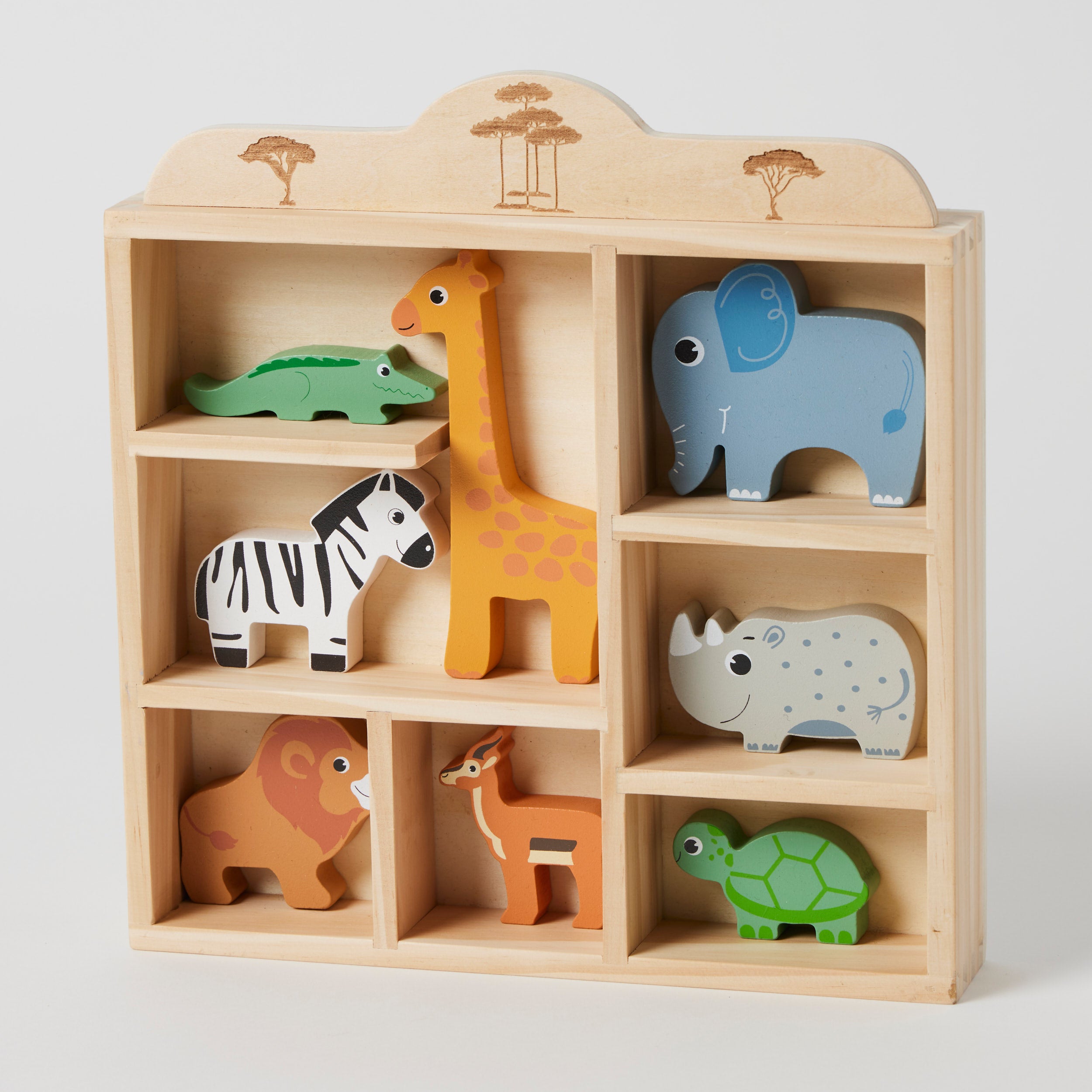 Safari Animals Wooden Playset with Display Shelf - Kids Educational Toy for Learning & Room Decor - Perfect for Playtime, Gifts & Nursery Decorations