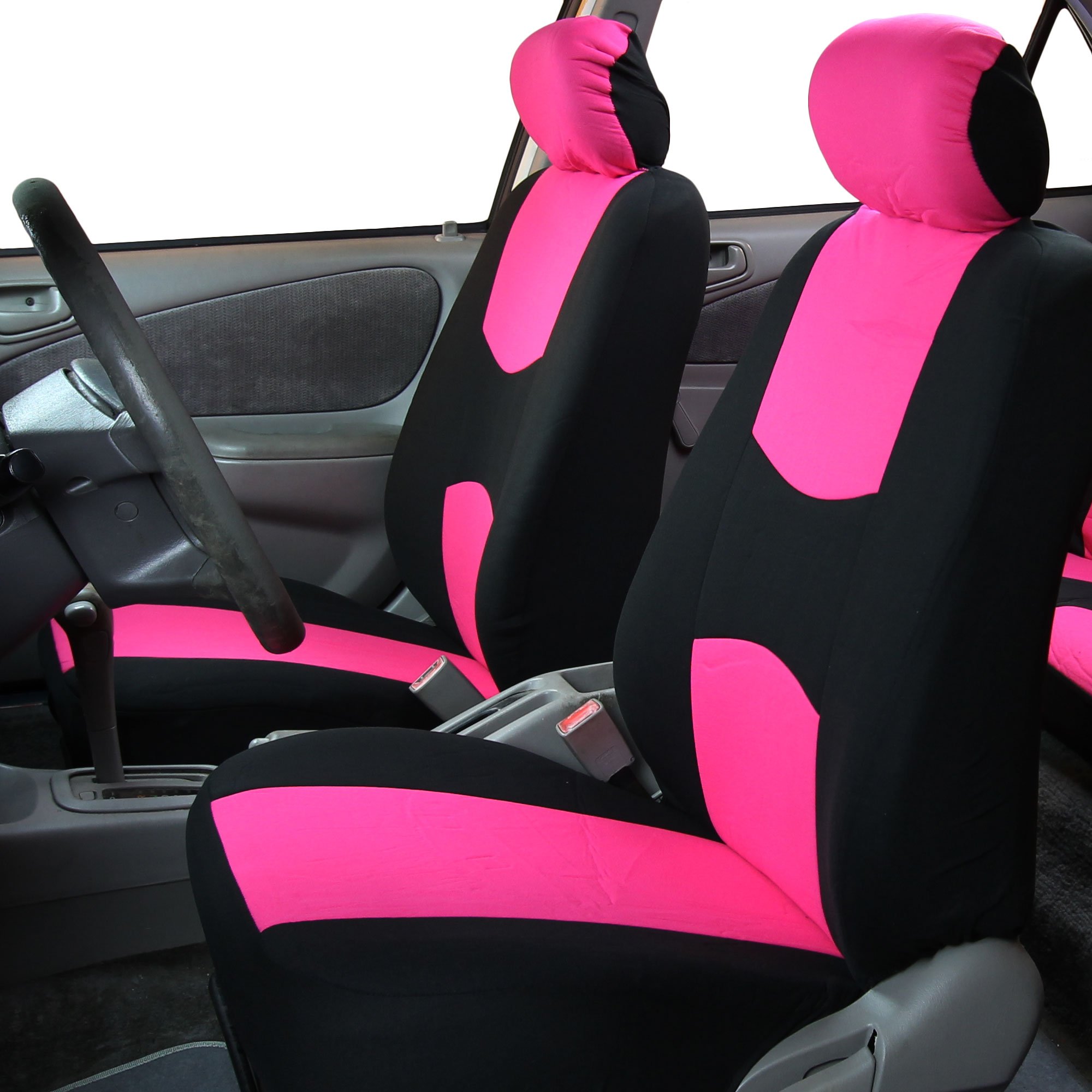 FH Group Pink Full Set Flat Cloth Car Seat Covers - Universal Fit for Cars, Trucks & SUVs (Front & Rear Bench) | Durable Interior Accessories Combo with E-Z Travel Tissue Dispenser | Perfect for Road Trips & Daily Commutes