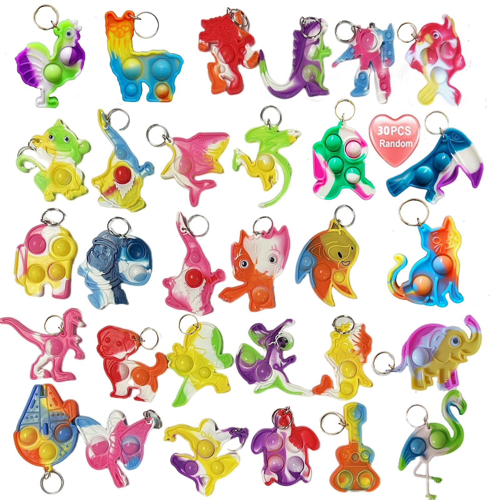 **HANGYUAN Bulk Fidget Toys Keychain Set - 30pcs Multi-Shape Pop Bubble Sensory Toys for Stress Relief, ADHD, Autism - Includes Puzzle for Kids & Adults (Office, Travel, Classroom, Home Use)**