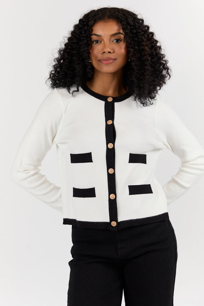 Forever Changing Ivory and Black Contrast Trim Cardigan for Women - Cozy Knit Sweater for Fall & Winter - Perfect for Office, Date Night & Casual Outfits