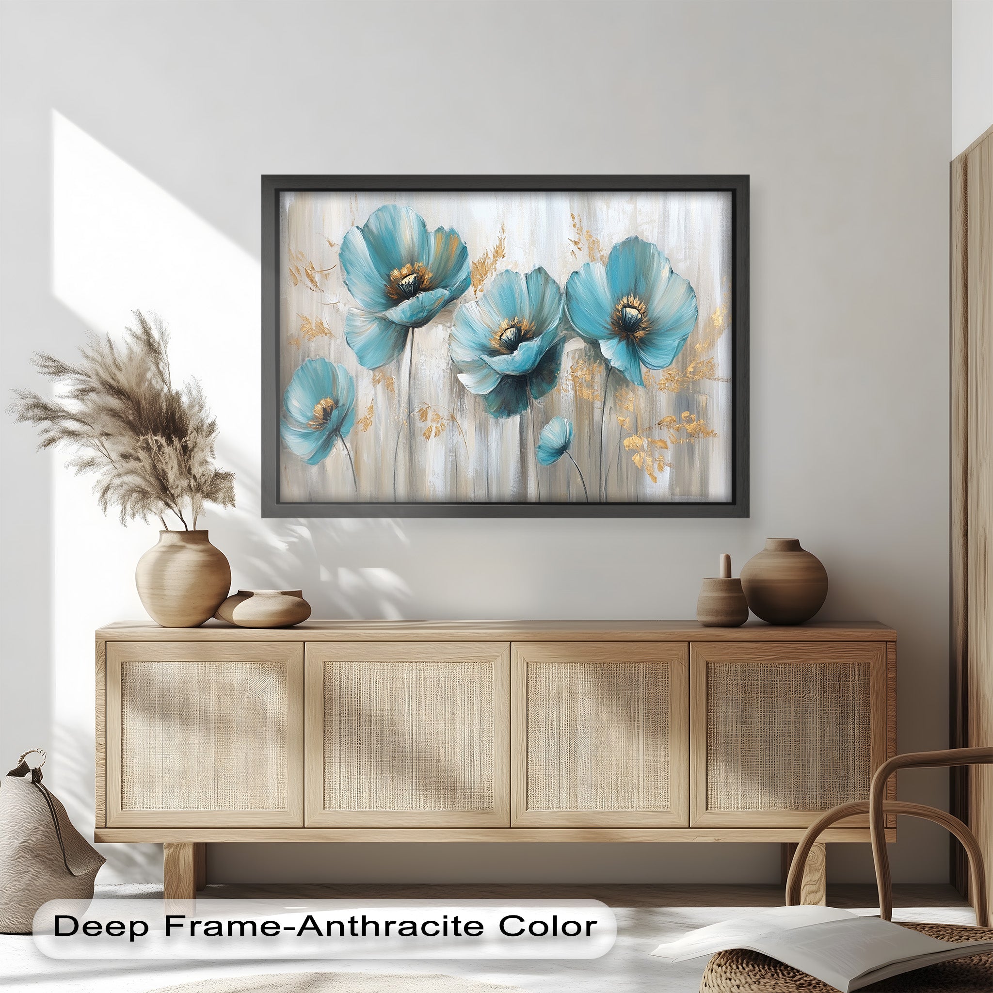Blue Poppies with Metallic Accents Oil Painting - Floral Wall Art for Living Room, Bedroom & Office Decor
