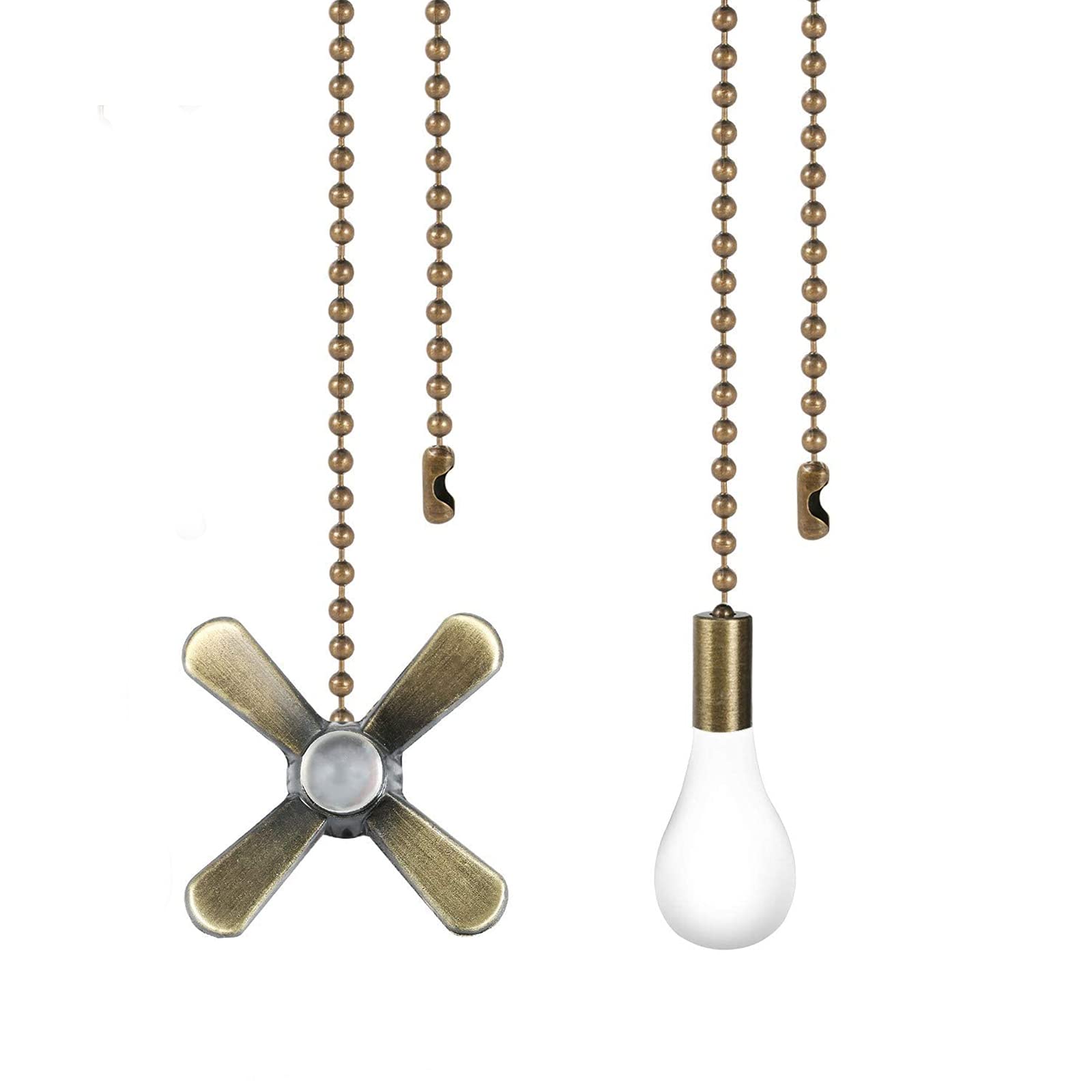 2PCS Ceiling Fan Pull Chain Extender with Bulb & Fan Pattern - 12 Inch 3mm Beaded Ball Connector in Bronze | Easy Light & Fan Control for Living Room, Bedroom, and Office