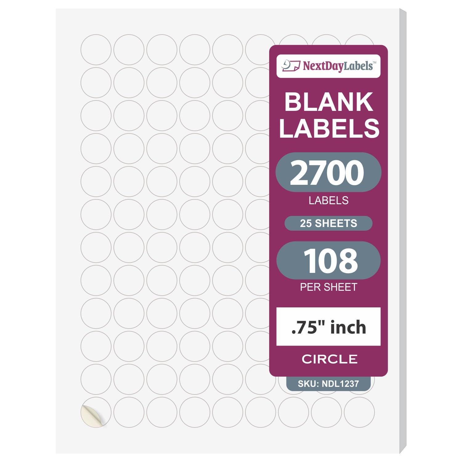 NextDayLabels – 3/4 Inch Round Printable Labels for Laser/Inkjet Printers - Matte White Blank Circle Stickers (25 Sheets, 108 Per Sheet, 2700 Labels) - Perfect for Address Labels, Jar Labels, Organizing & Crafting