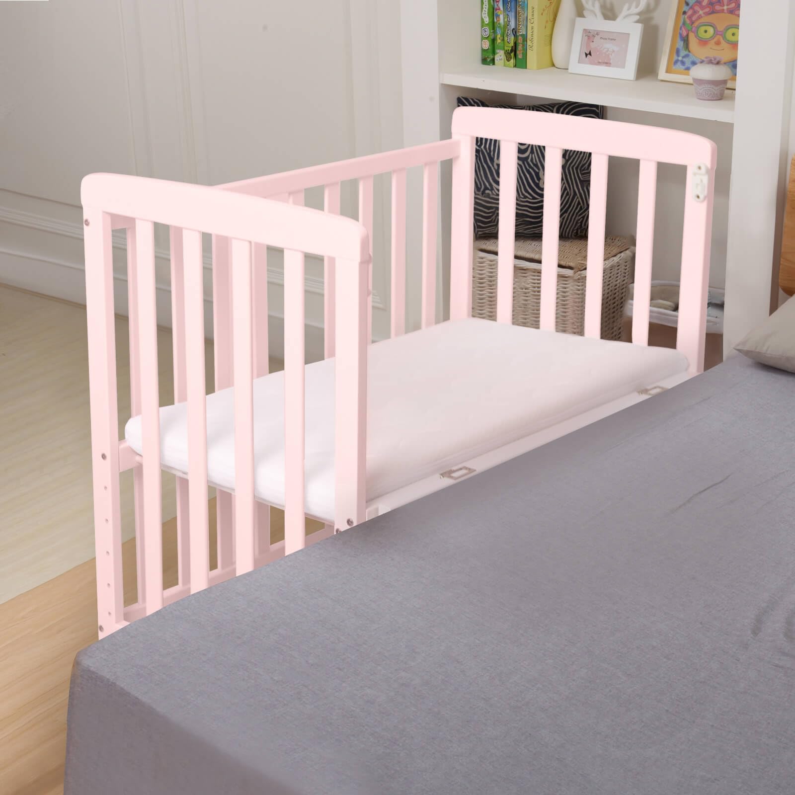 Portable Pine Wood Baby Bassinet Bedside Sleeper - Adjustable 6 Height Crib with Mattress for Newborns 0-12 Months, Space-Saving Nursery Bed for Girls (Pink) - Perfect for Co-Sleeping, Nursery Rooms & Small Spaces