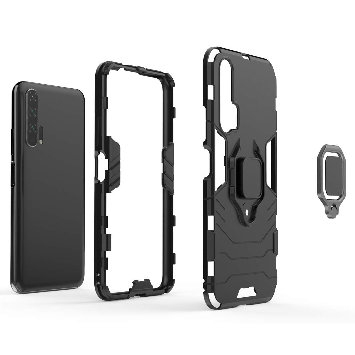 SORAKA Honor 20 Pro Case with Ring Holder & Metal Plate - Slim Soft TPU Phone Cover for Magnetic Car Mount - Black - Perfect for Driving, Work & Daily Protection
