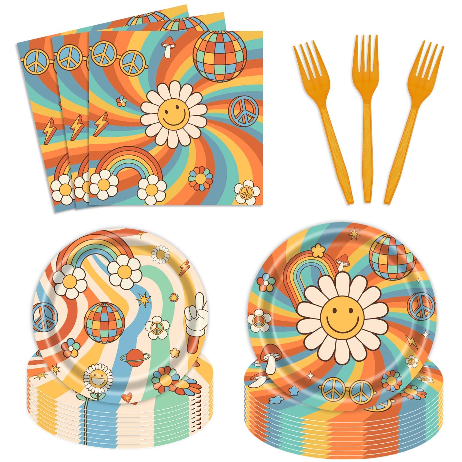 96-Piece Groovy Hippie 70s Party Supplies Kit - Boho Flower Rainbow Disposable Tableware Set with Plates, Napkins & Forks - Retro Daisy Birthday Party Decorations & Favors - Perfect for 70s Theme Parties, Boho Baby Showers, and Hippie Birthday Celebrations (Serves 24)