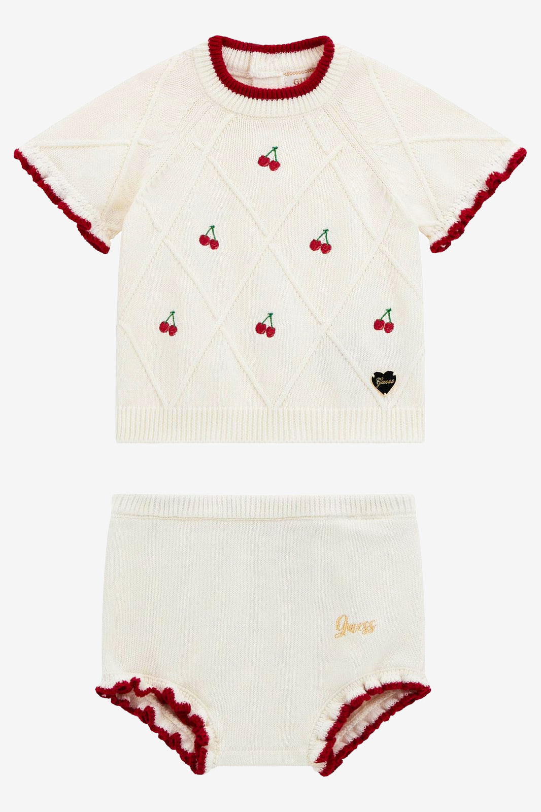 Maribel Ivory & Red Knitted Cherry Top & Bloomers Set - Baby Girl's Vintage Style Outfit for Photoshoots, Holidays & Special Occasions