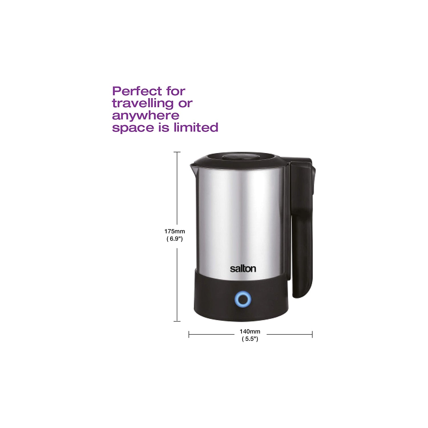SALTON Compact Travel Kettle - Portable Electric Tea Kettle for Hotel, Dorm & Office - Fast Boiling, Auto Shut-Off, 0.8L Stainless Steel (Model JK2035) - Perfect for Traveling, Camping & Small Spaces