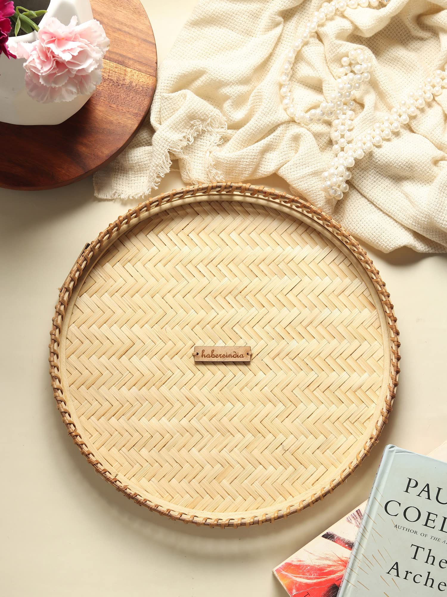 Habere India Handcrafted Bamboo Serving Tray - Decorative Round Tea Tray for Home Decor, Dining & Hospitality (25x4cm, Beige) | Perfect for Coffee Table, Gift Giving & Indian Cultural Events