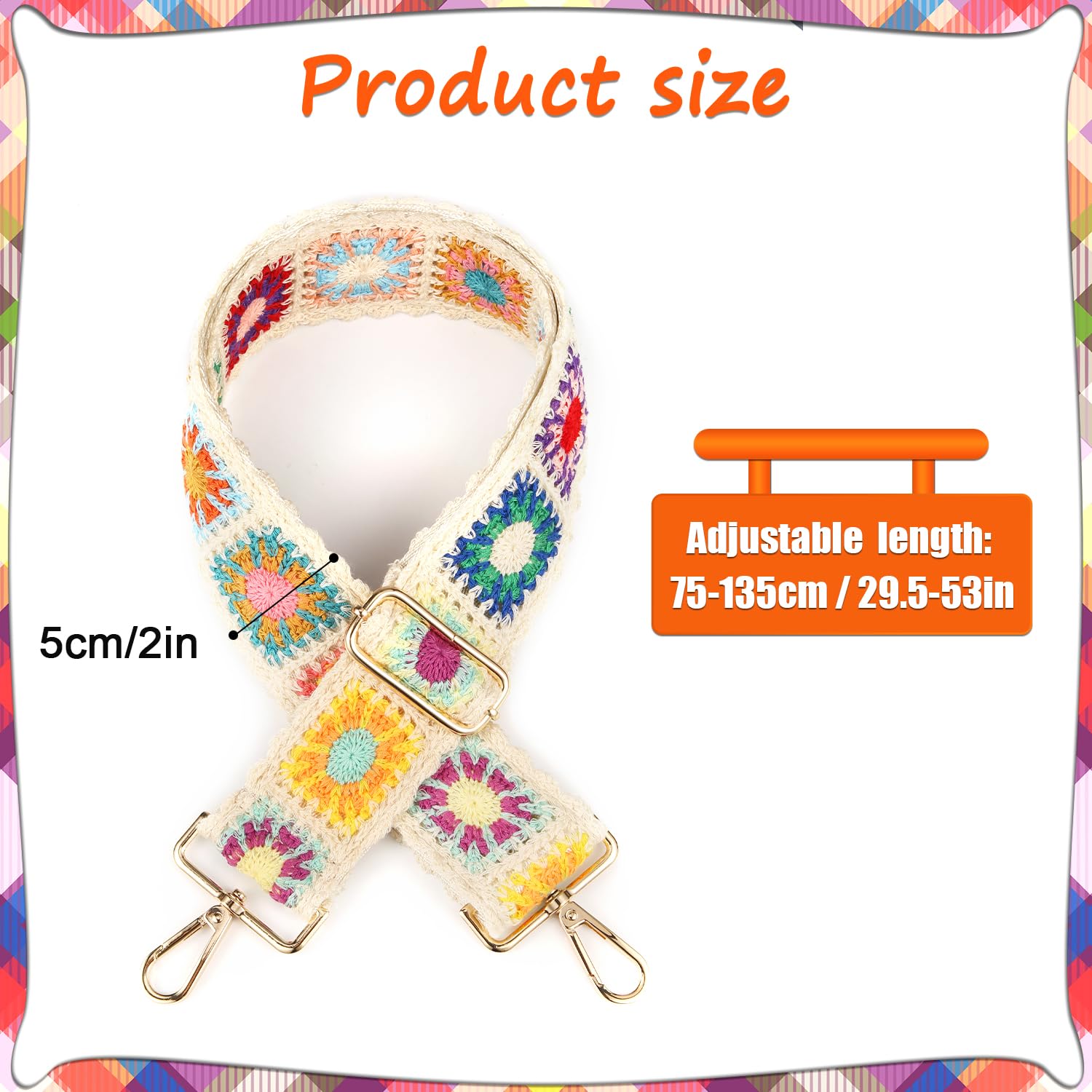 LUTER Adjustable Crochet Flower Purse Strap - 2 Inch Wide Handbag Replacement Strap for Crossbody Bags, Guitar & Fashion Accessories (Colorful) - Perfect for Boho Style, Music Festivals & Everyday Use