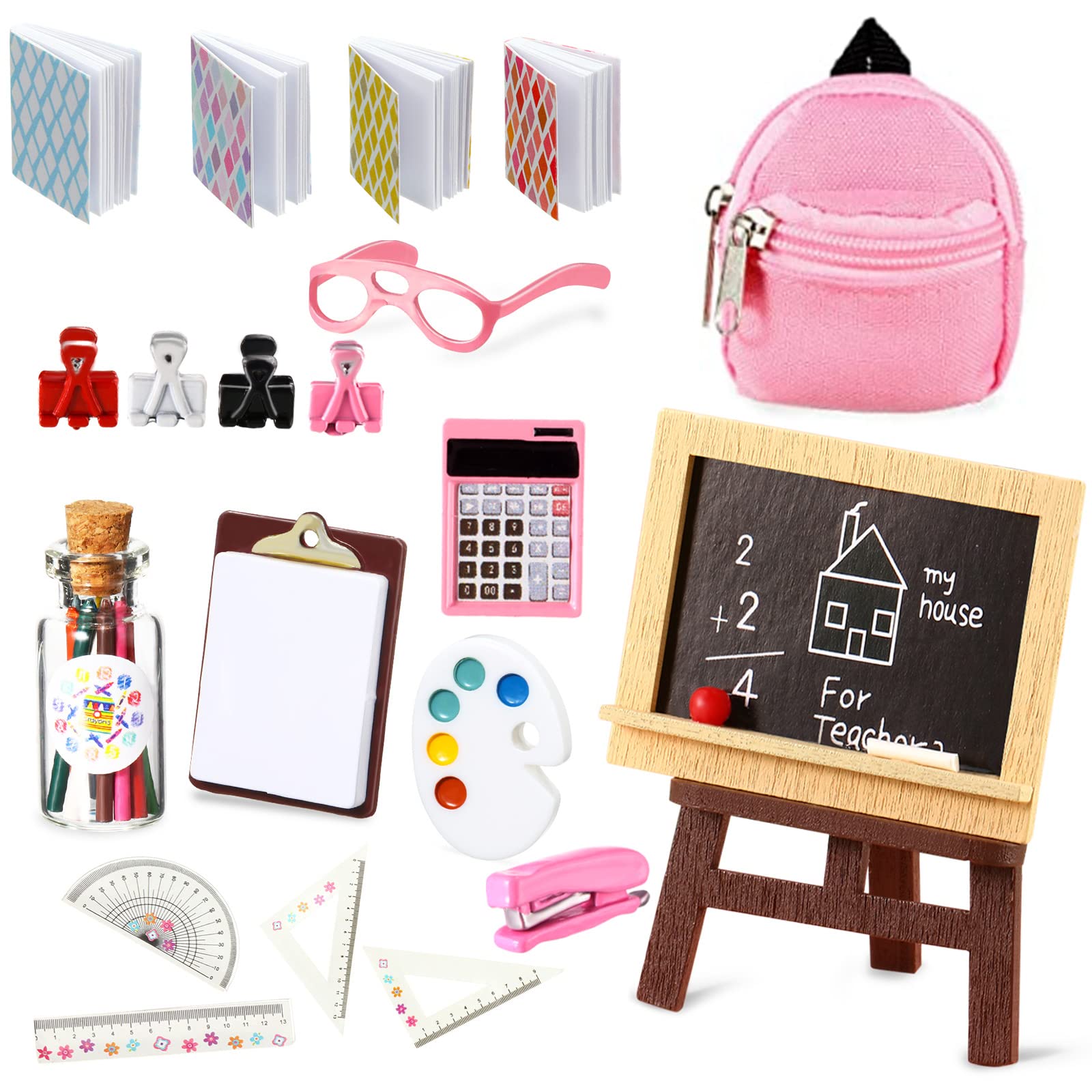 18 Piece Miniature Doll School Supplies Set - Backpack, Glasses, Blackboard, Mini Book, Palette, Paper, Clipboard, Clamp, Ruler, Scissors & Calculator - Perfect for Dollhouse Play & Educational Pretend Play Scenes